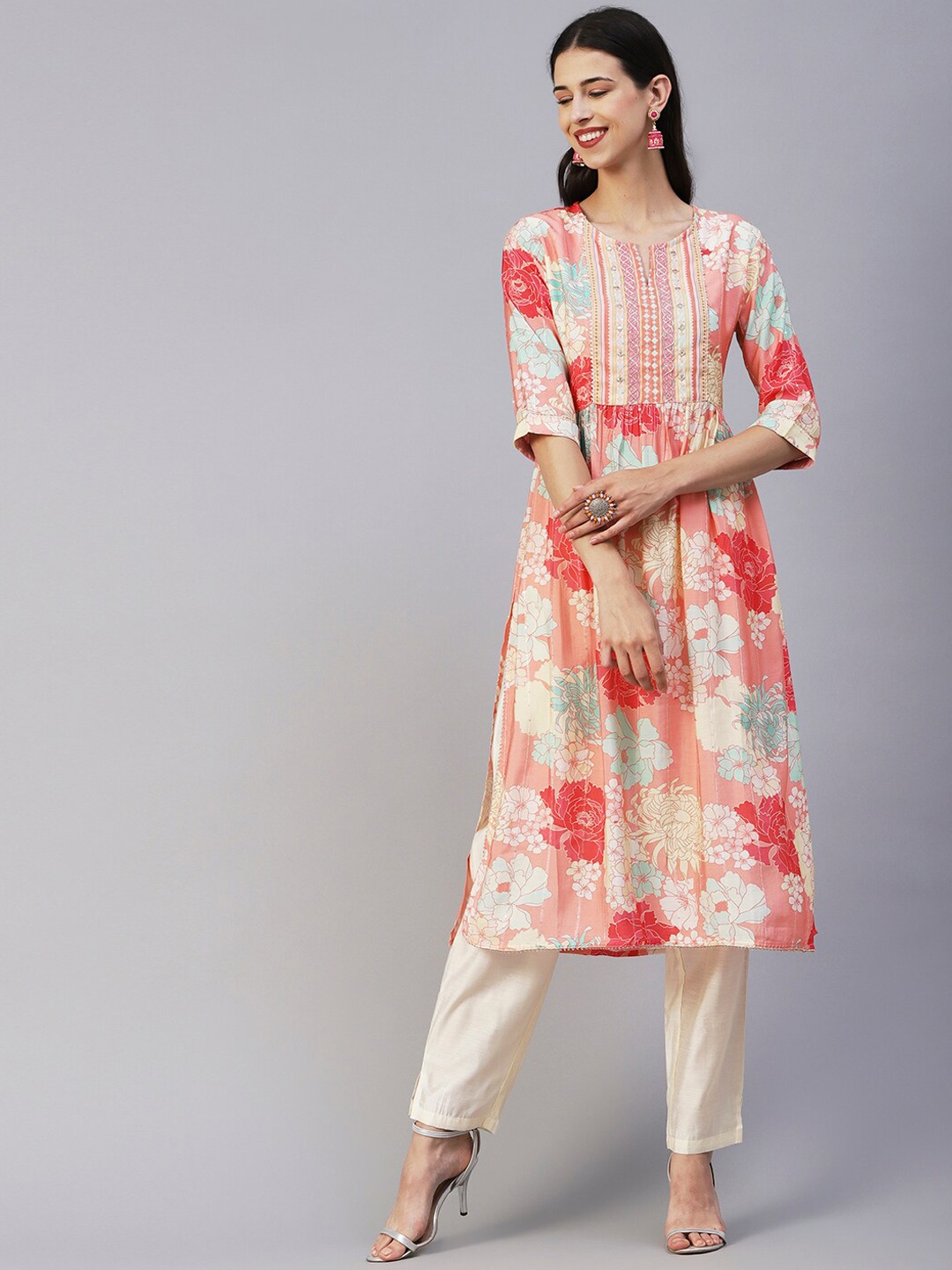 

FASHOR Peach-Coloured & Off White Printed Pleated Mirror & Thread Work Kurta with Trousers