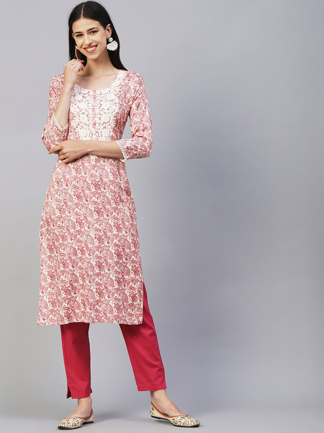 

FASHOR Pink Floral Printed Thread Work Straight Kurta