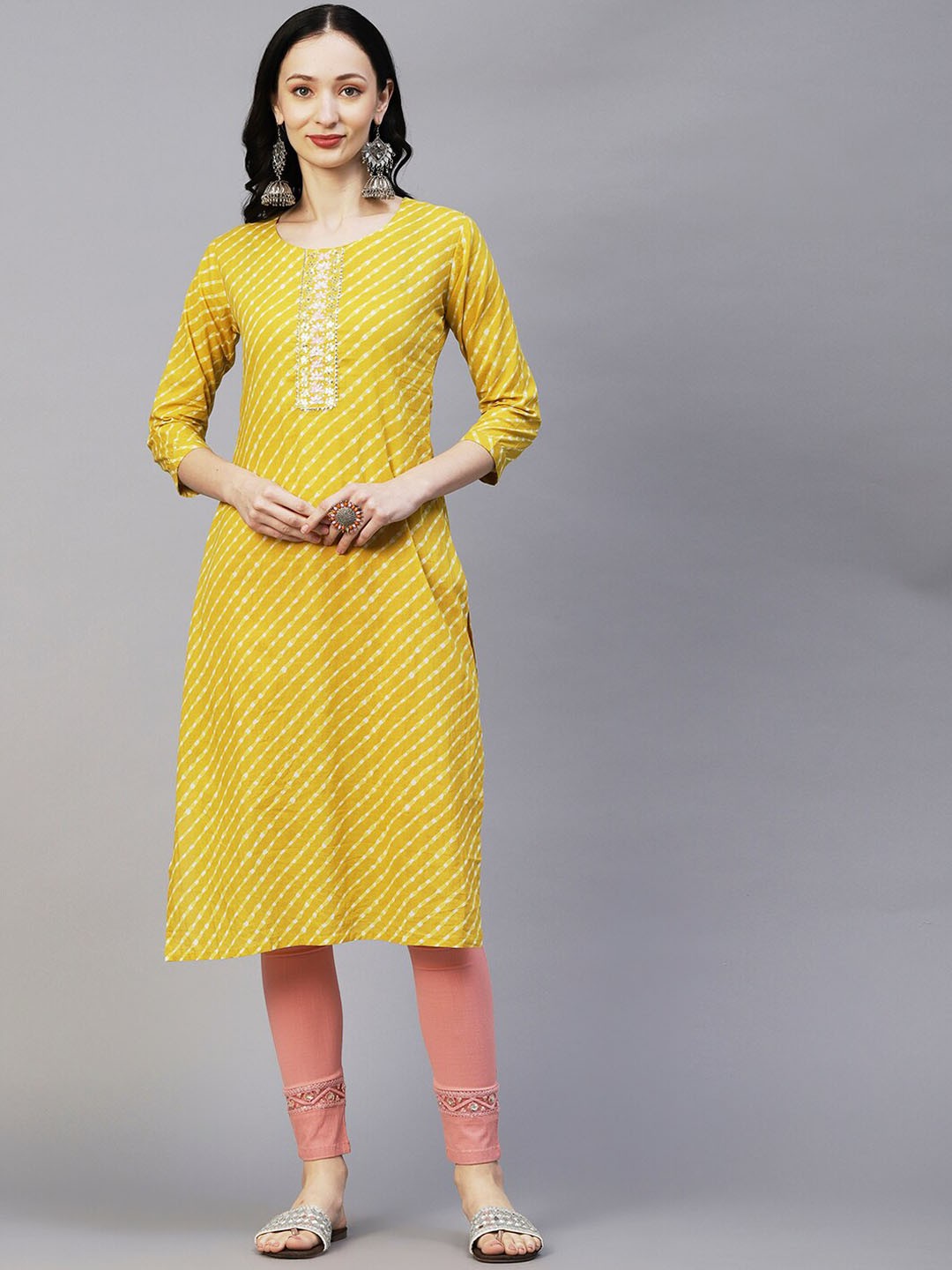 

FASHOR Yellow Leheriya Printed Thread Work Cotton Kurta
