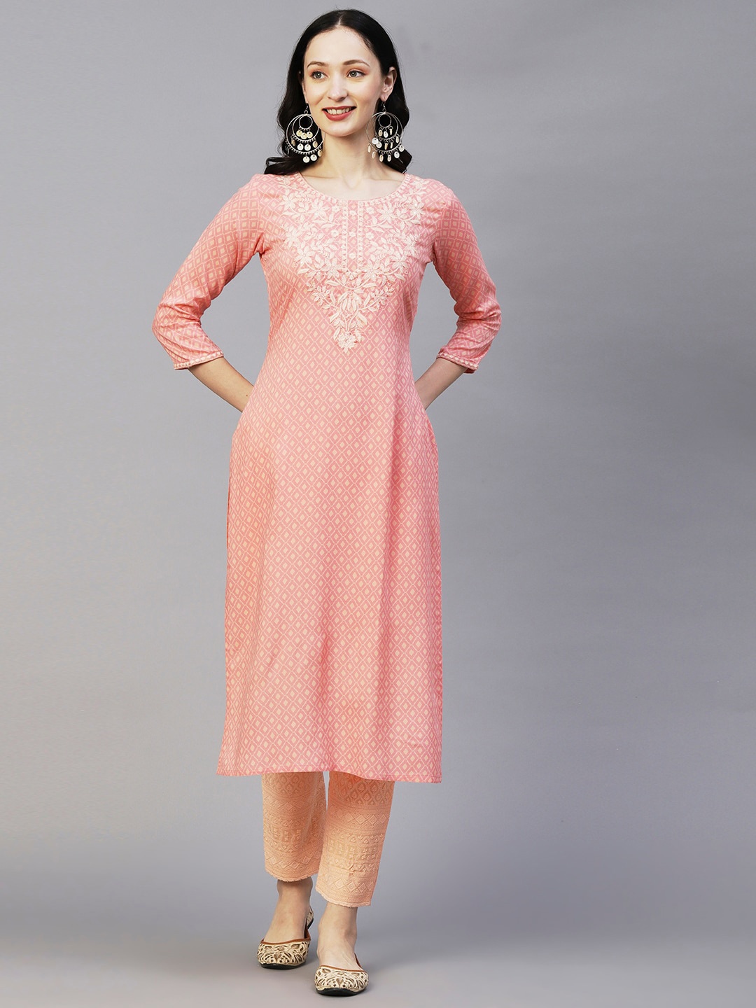 

FASHOR Pink Ethnic Motifs Printed Thread Work Kurta
