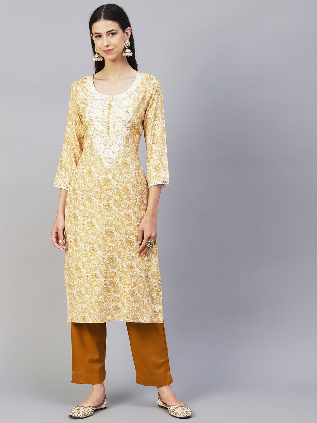 

FASHOR Mustard Yellow Floral Printed Thread Work Straight Kurta