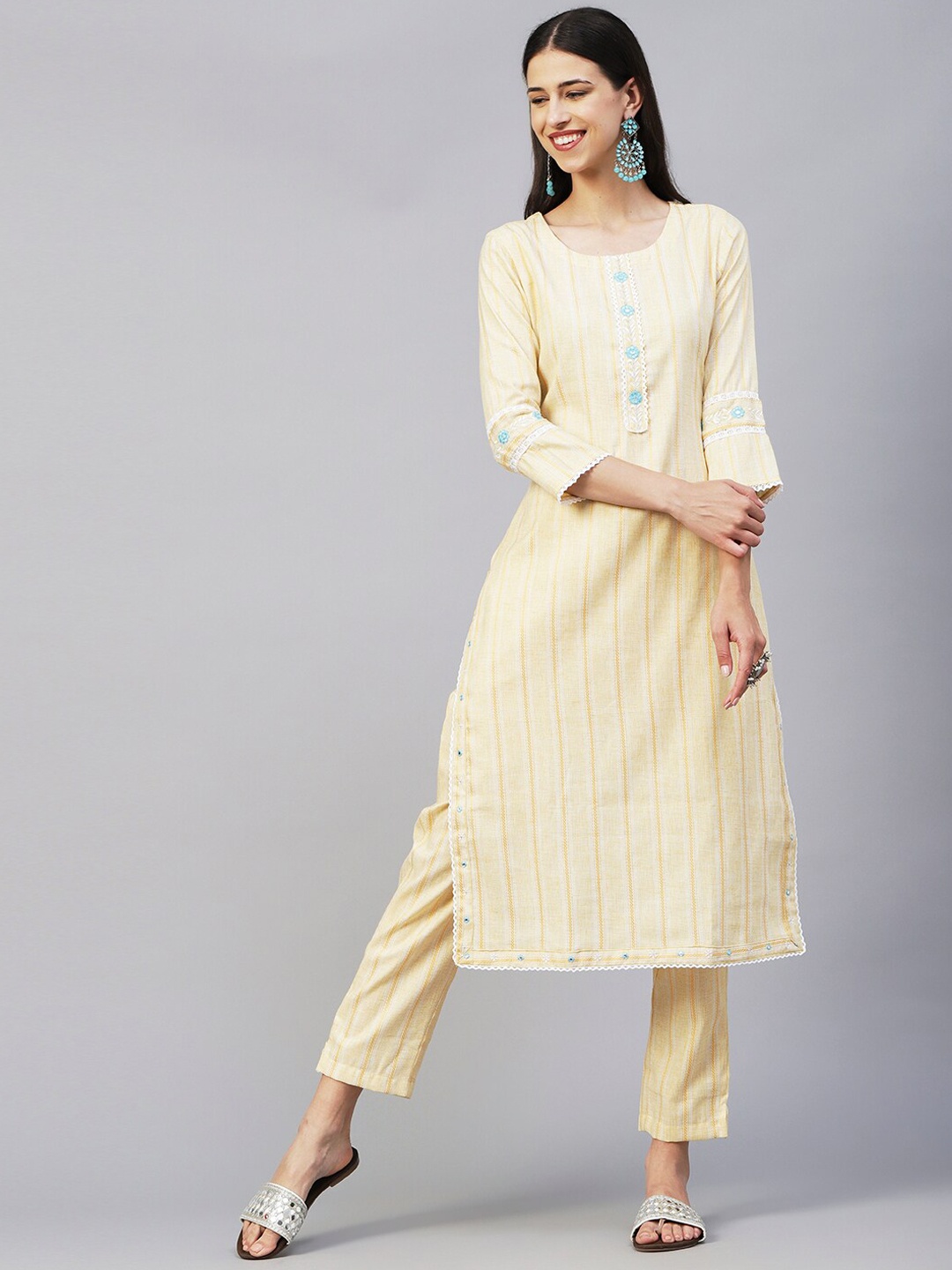 

FASHOR Yellow Striped Thread & Mirror Work Kurta with Trousers