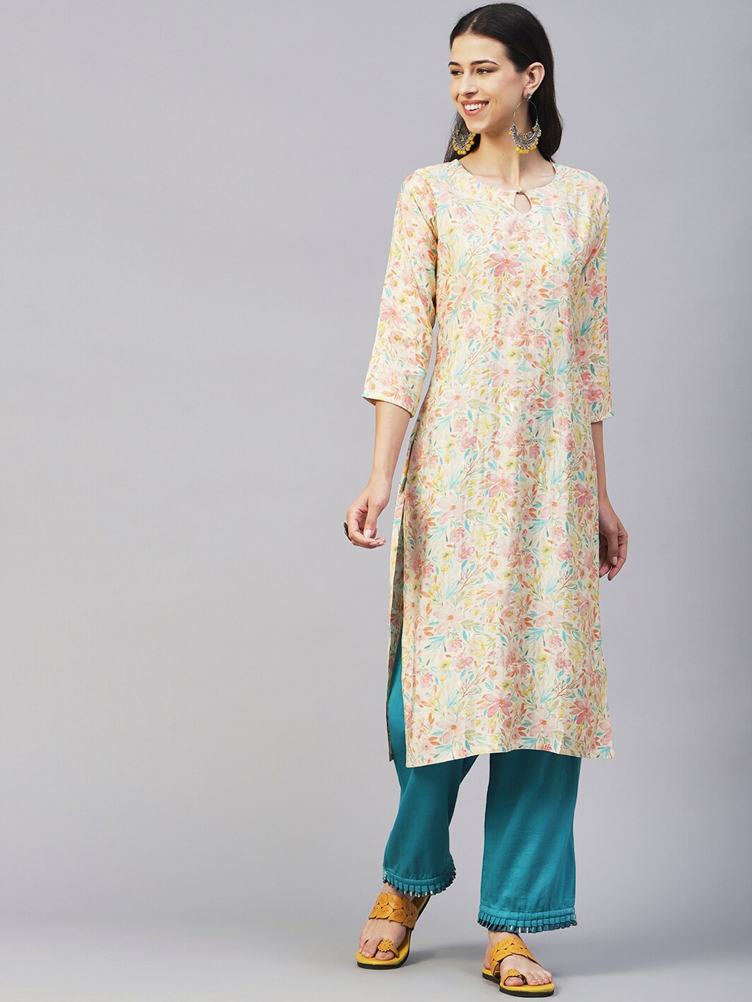 

FASHOR Yellow Floral Printed Keyhole Neck Thread Work Cotton Kurta, Cream