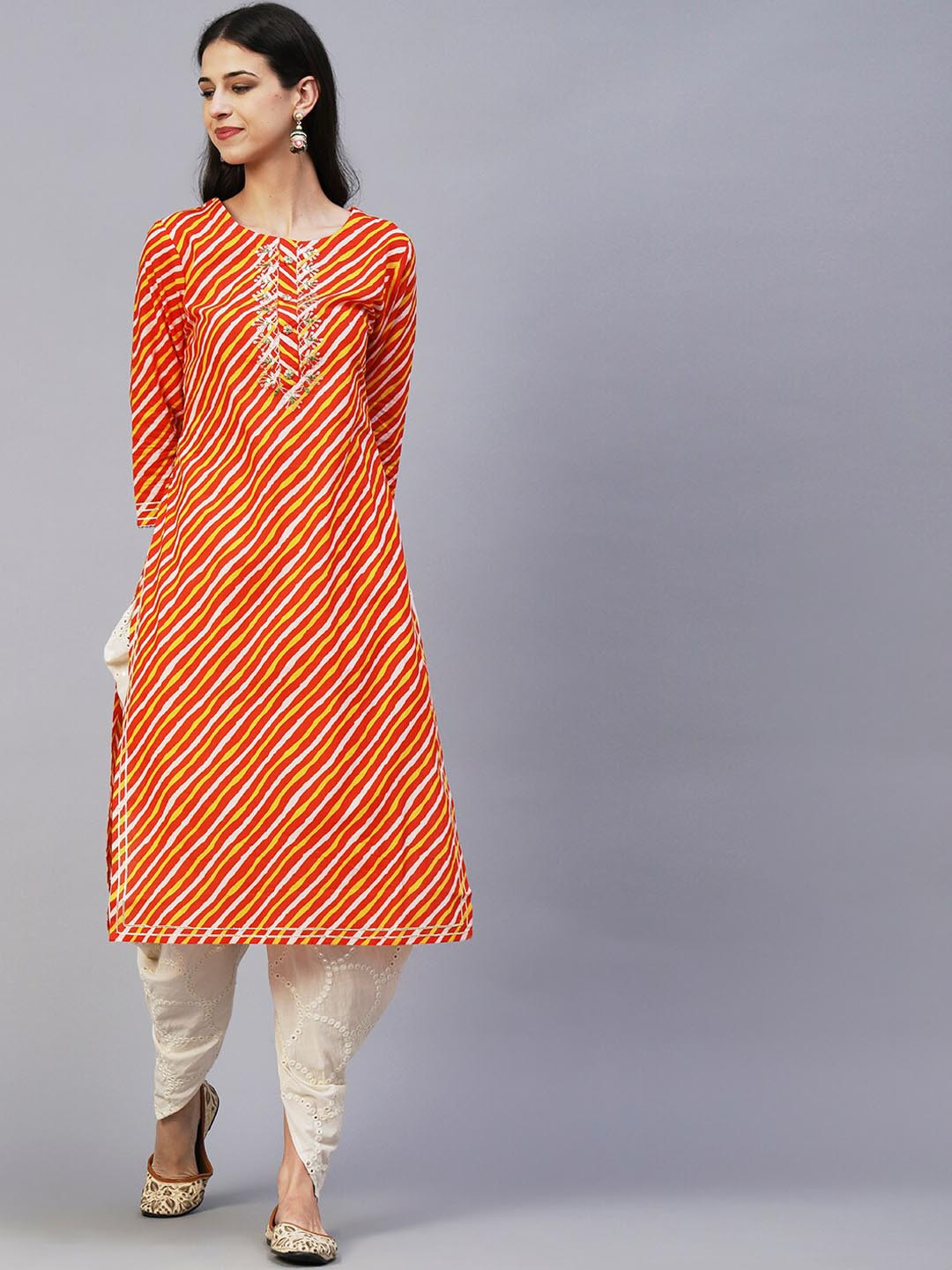 

FASHOR Orange Leheriya Printed Thread Work Cotton Kurta