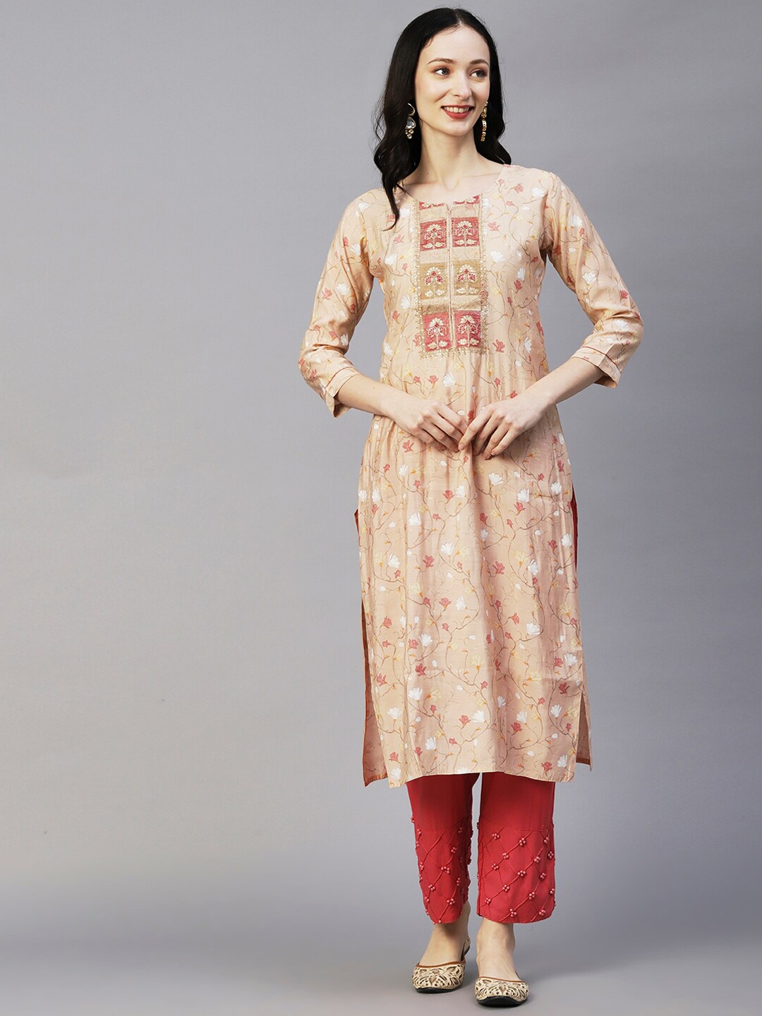 

FASHOR Beige Floral Printed Keyhole Neck Thread Work Kurta