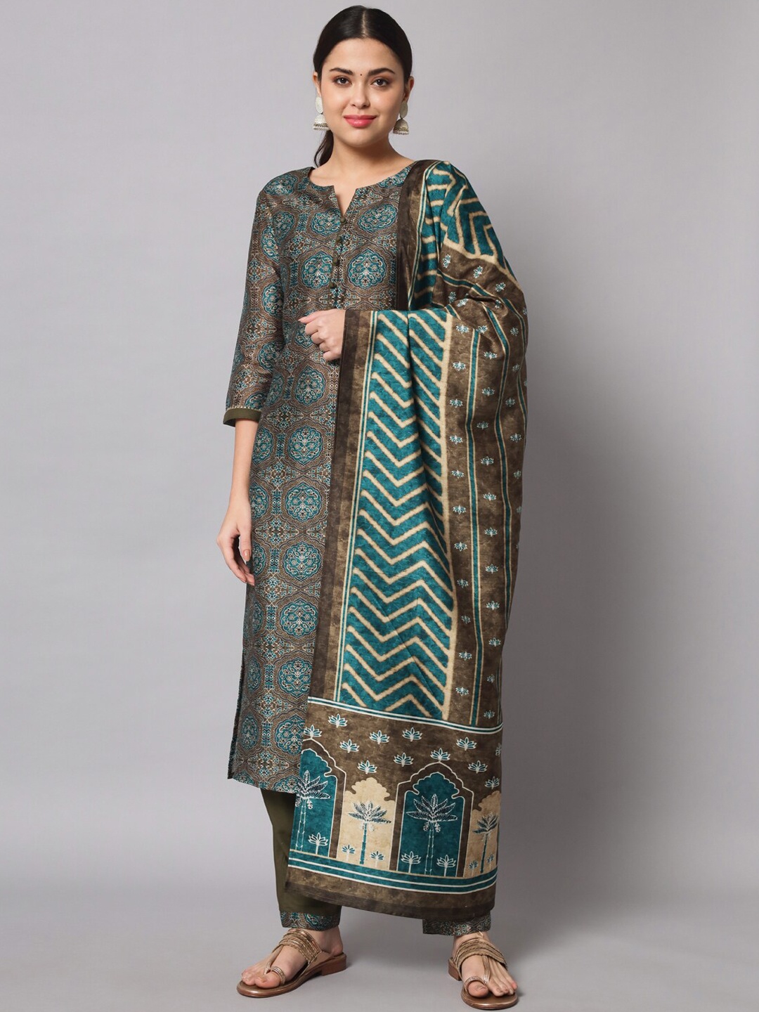 

Sutidora Ethnic Motifs Printed Notched Neck Kurta With Trousers & Dupatta, Teal