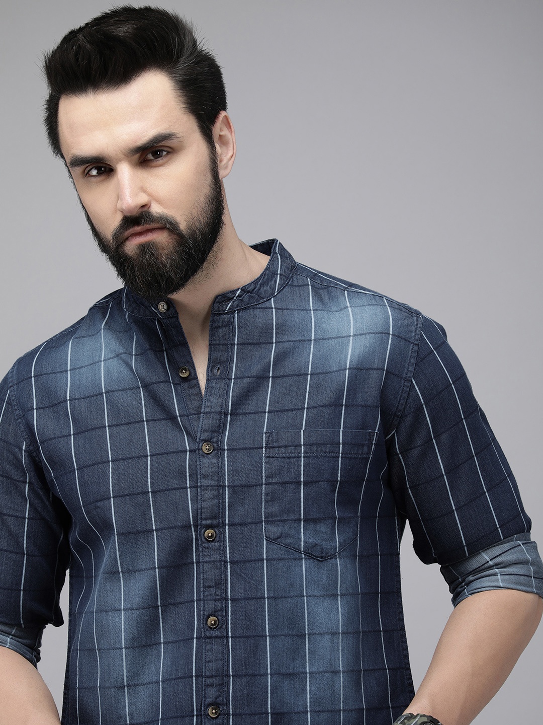 

Roadster Men Windowpane Checks Opaque Denim Casual Shirt, Blue
