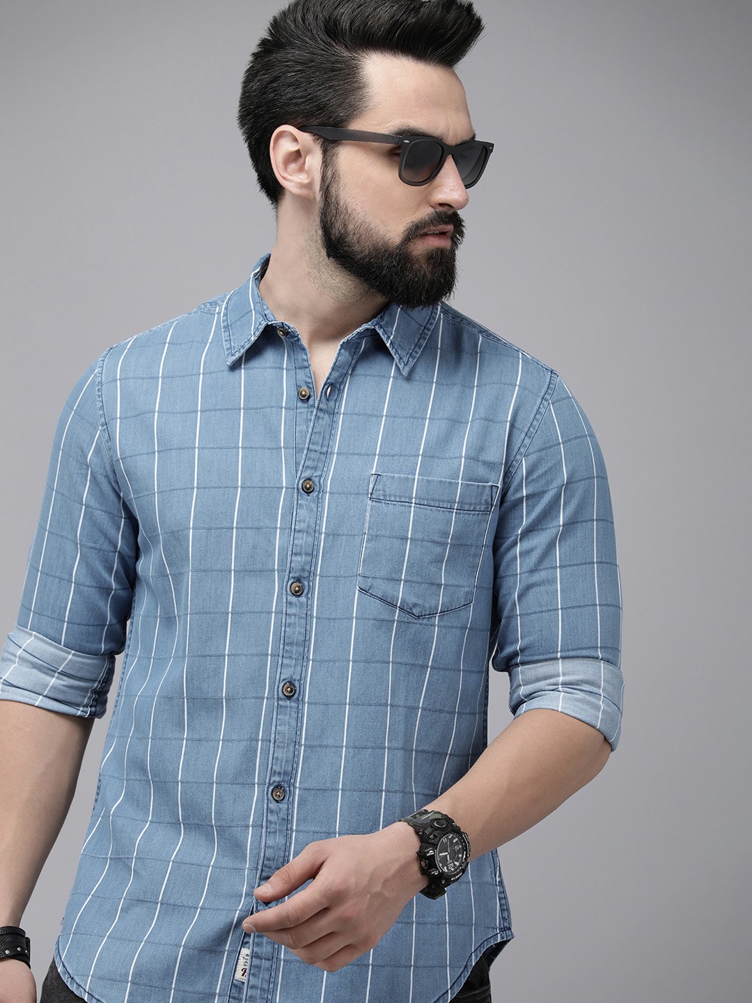 

Roadster Men Windowpane Checks Opaque Denim Casual Shirt, Blue