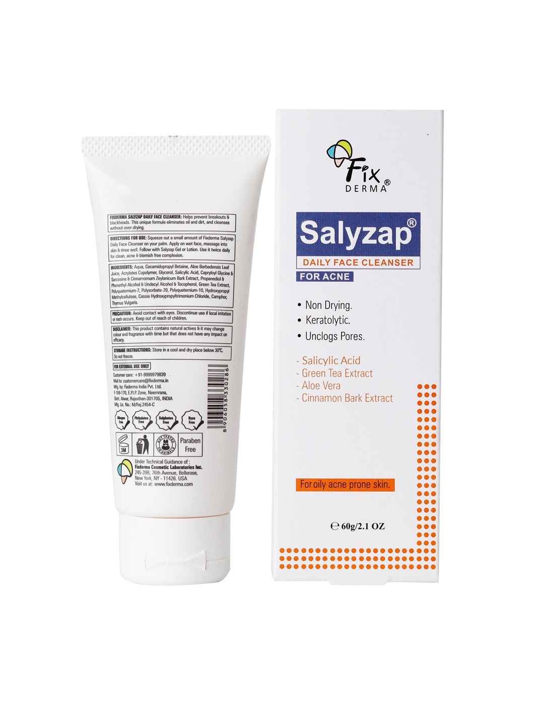 

FIXDERMA Salyzap 2% Salicylic Acid Daily Face Cleanser-60g, White