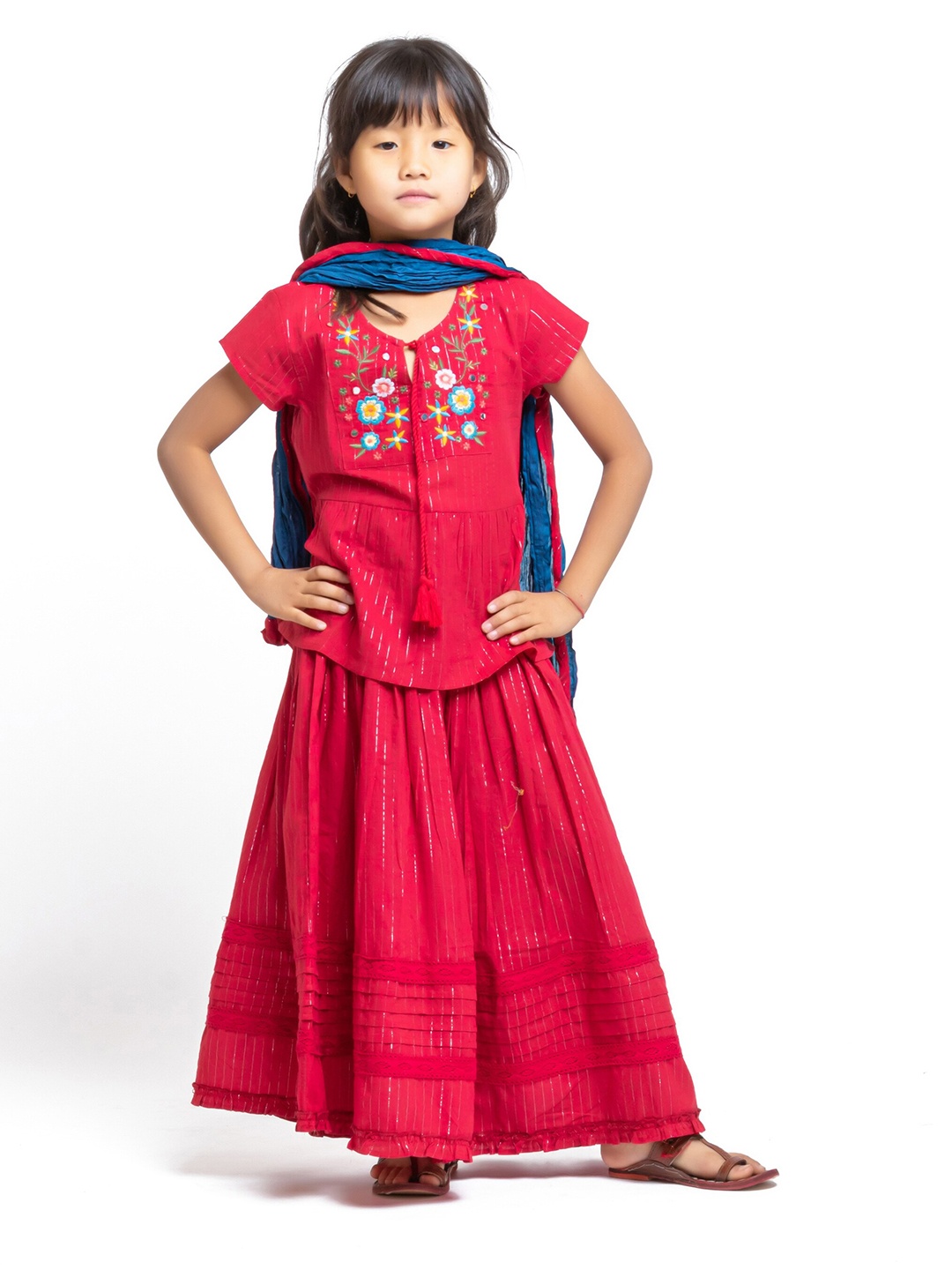 

My Little Lambs Girls Thread Work Pure Cotton Ready to Wear Lehenga & Blouse With Dupatta, Red