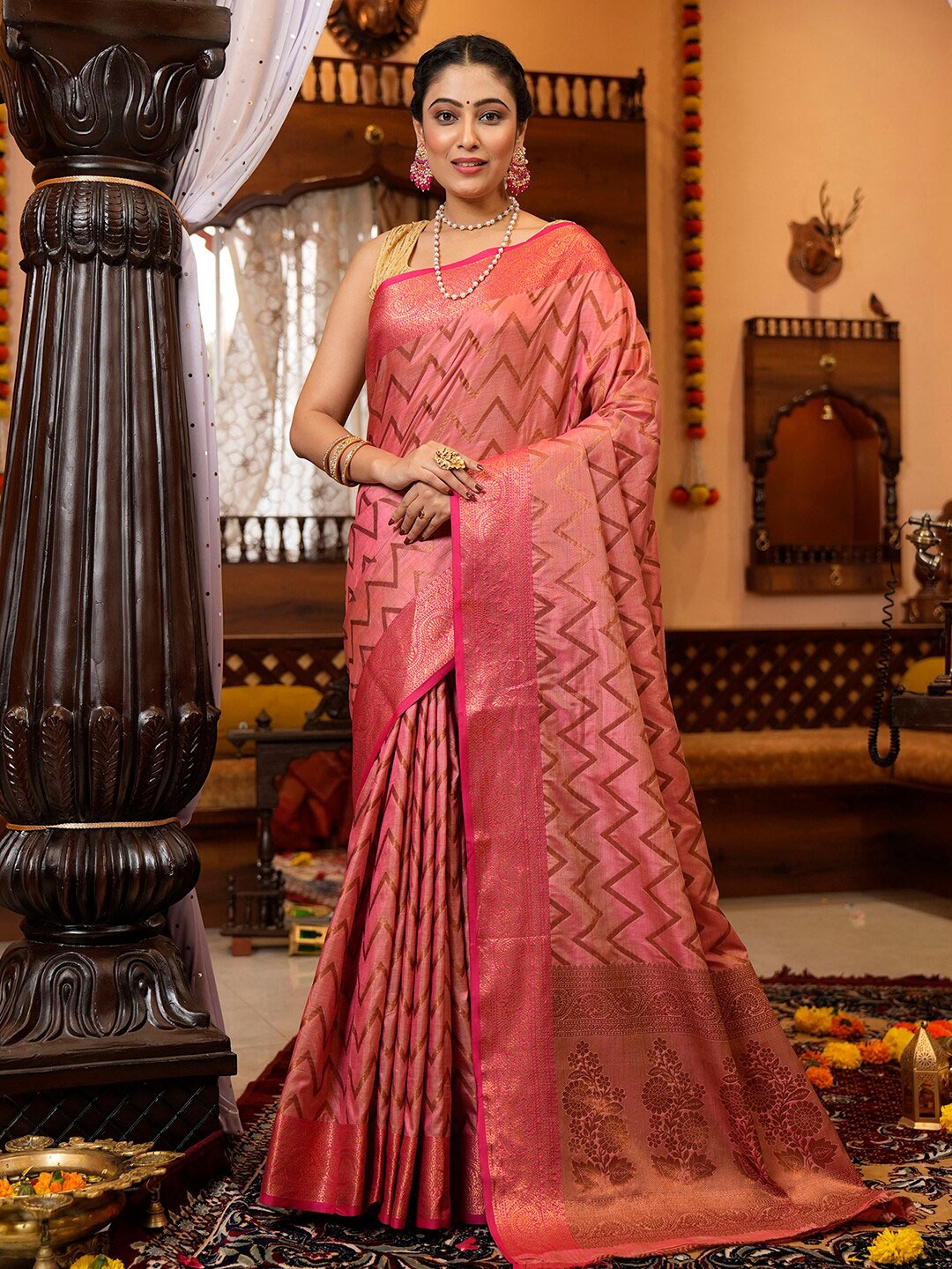 

Mitera Geometric Art Silk Zari Saree With Blouse Piece, Pink