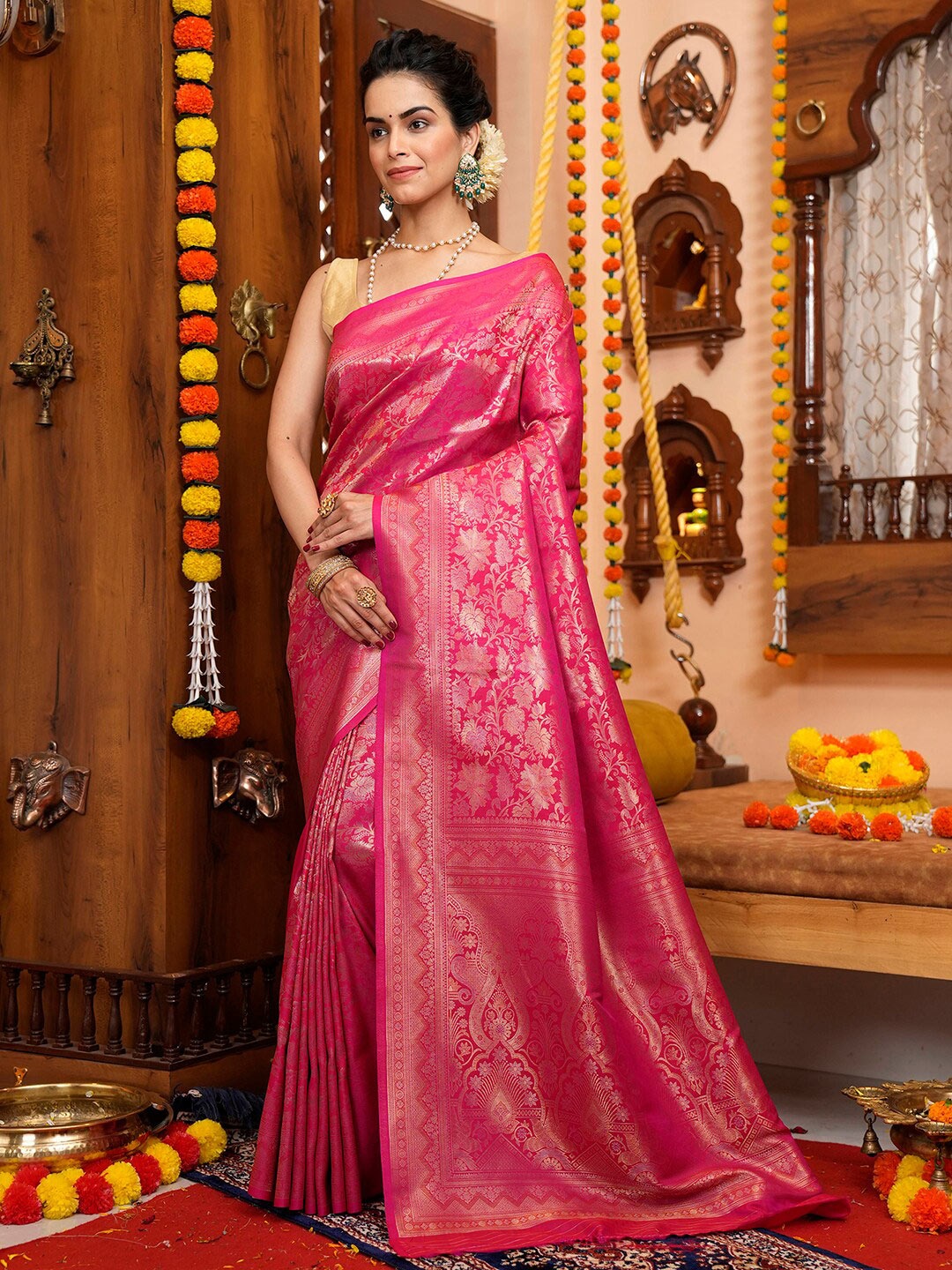

Satrani Pink Floral Woven Design Saree