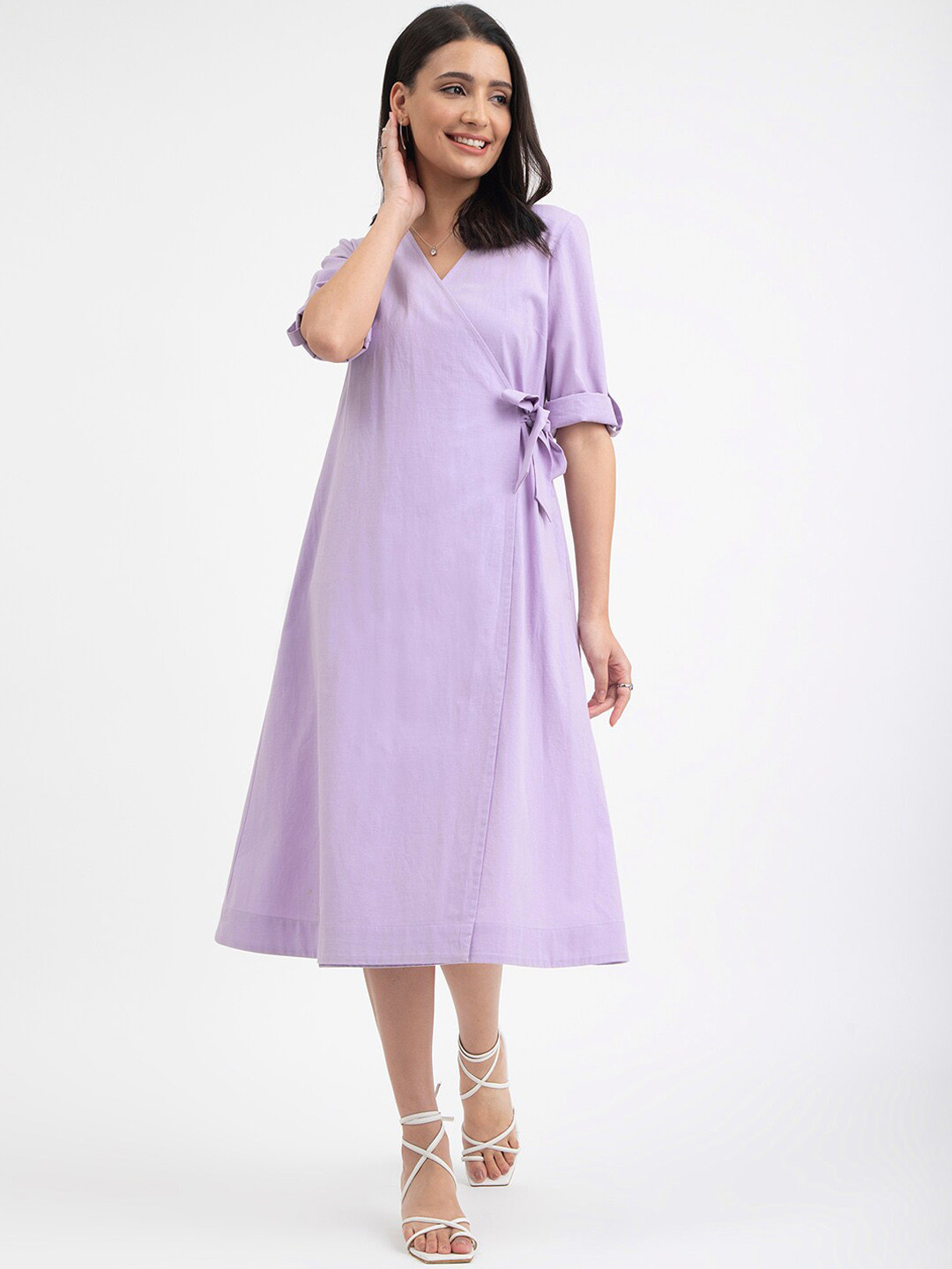 

Pink Fort V-Neck Roll-Up Sleeves Knee Length Wrap Around Dress, Lavender