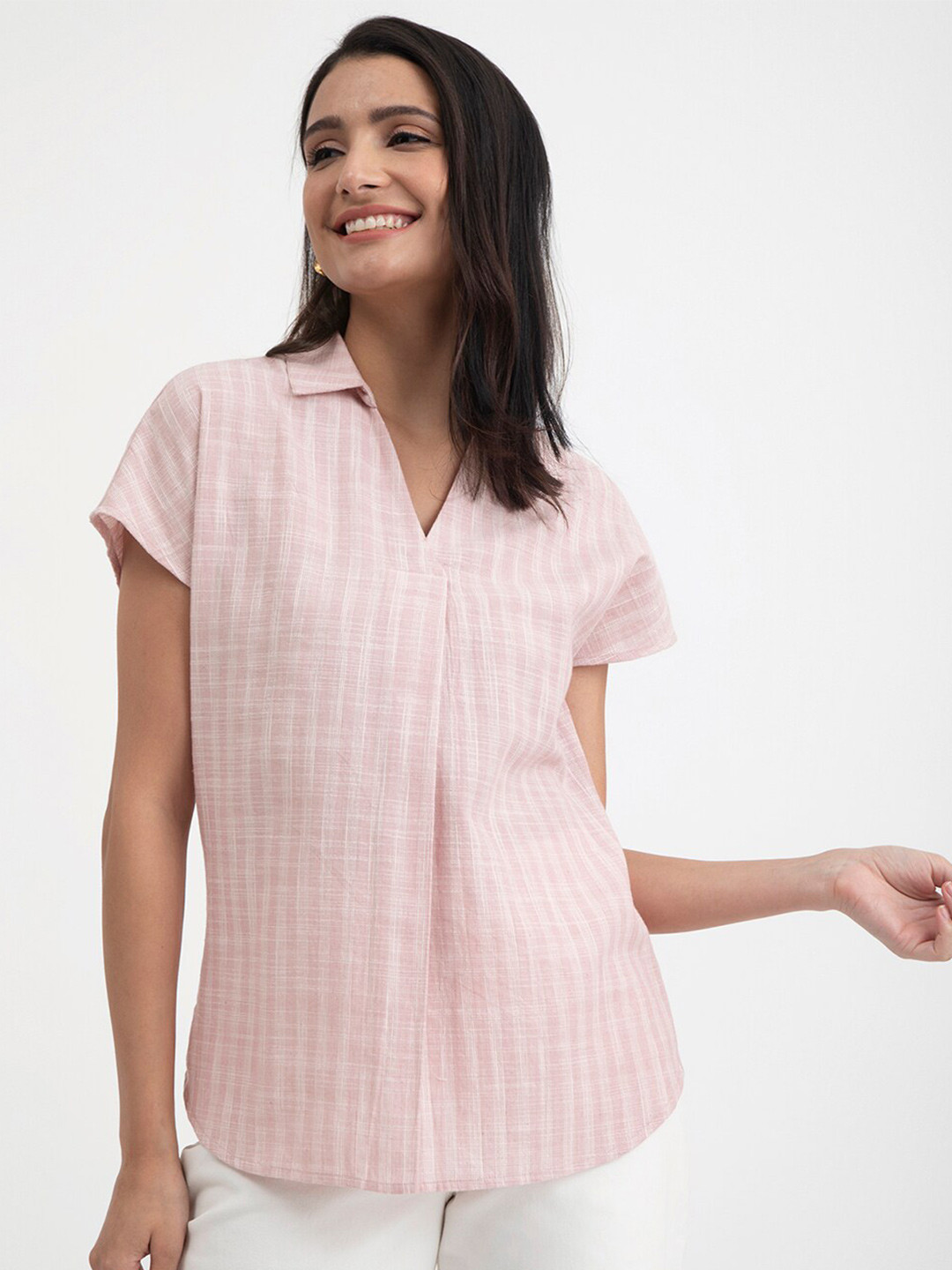 

Pink Fort Vertical Striped Pure Cotton Shirt Style Top