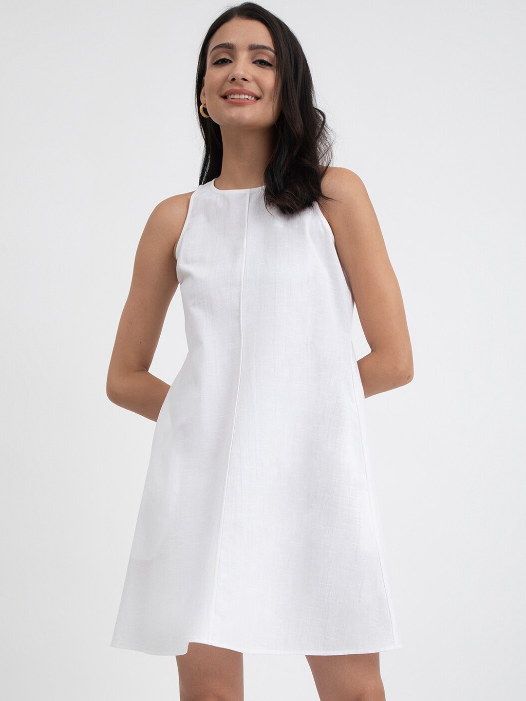 

Pink Fort Sleeveless A-Line Linen Dress, White