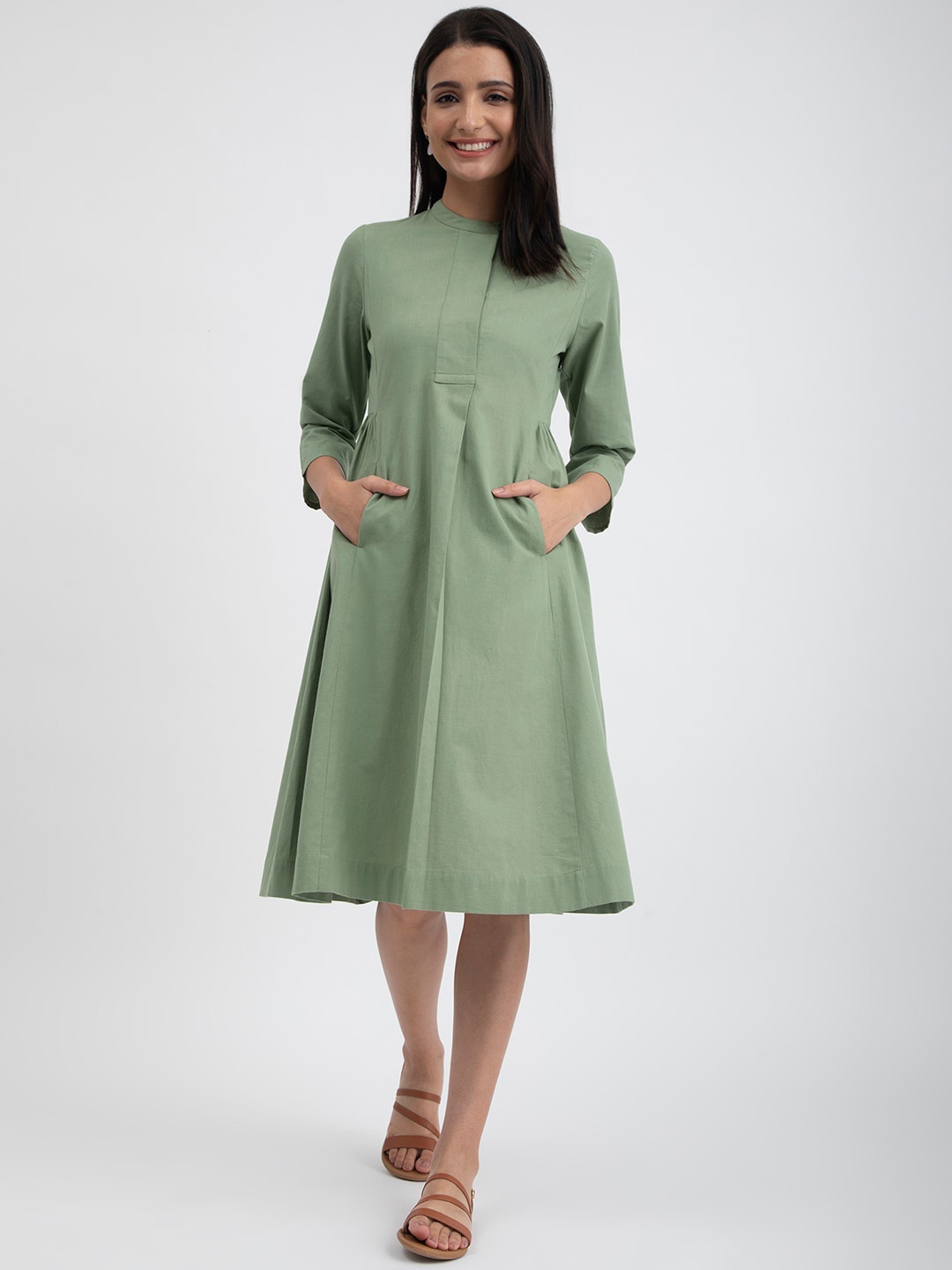 

Pink Fort Mandarin Collar Flared A-Line Dress, Green