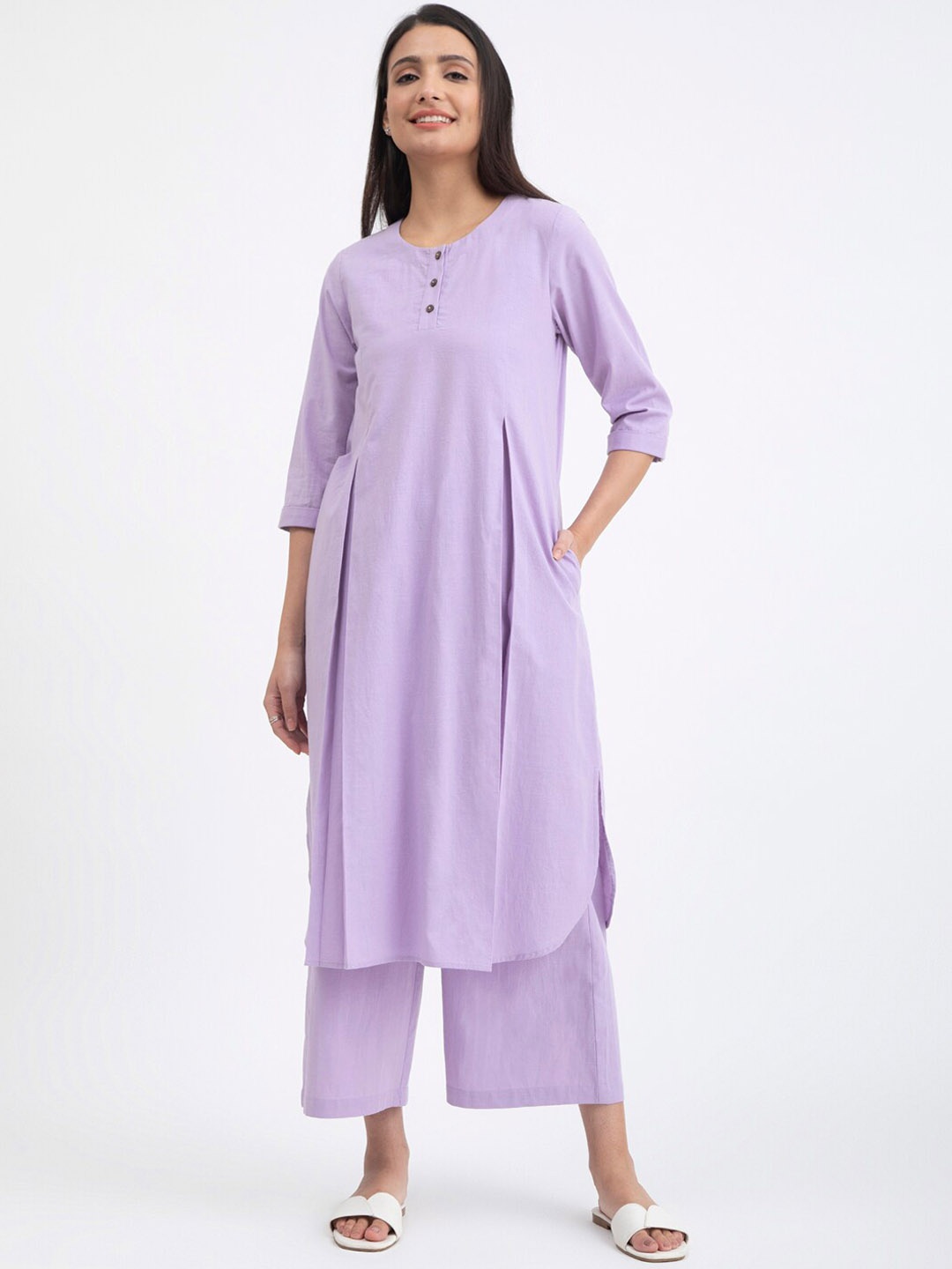 

Pink Fort Cotton Pleated A-Line Kurta, Lavender