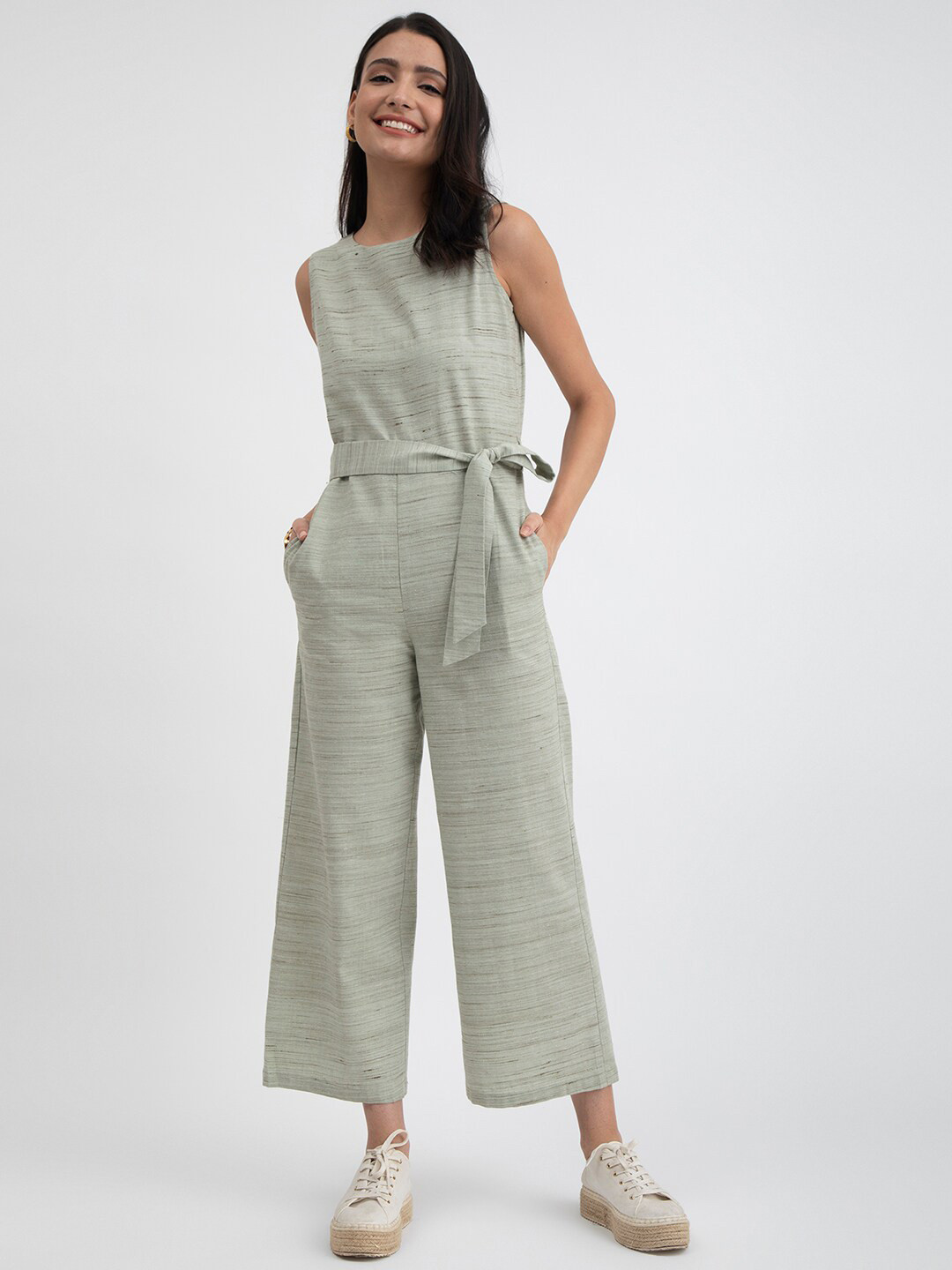 

Pink Fort Green Printed Sleeveless Cotton Basic Jumpsuit