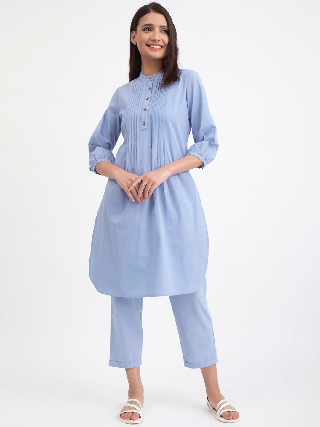 

Pink Fort Mandarin Collared Pleated A-Line Cotton Kurta, Blue