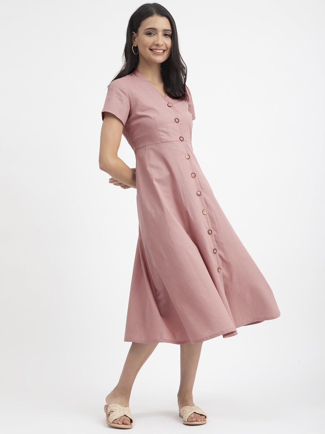 

Pink Fort V-Neck Short Sleeves A-line Midi Dress, Mauve