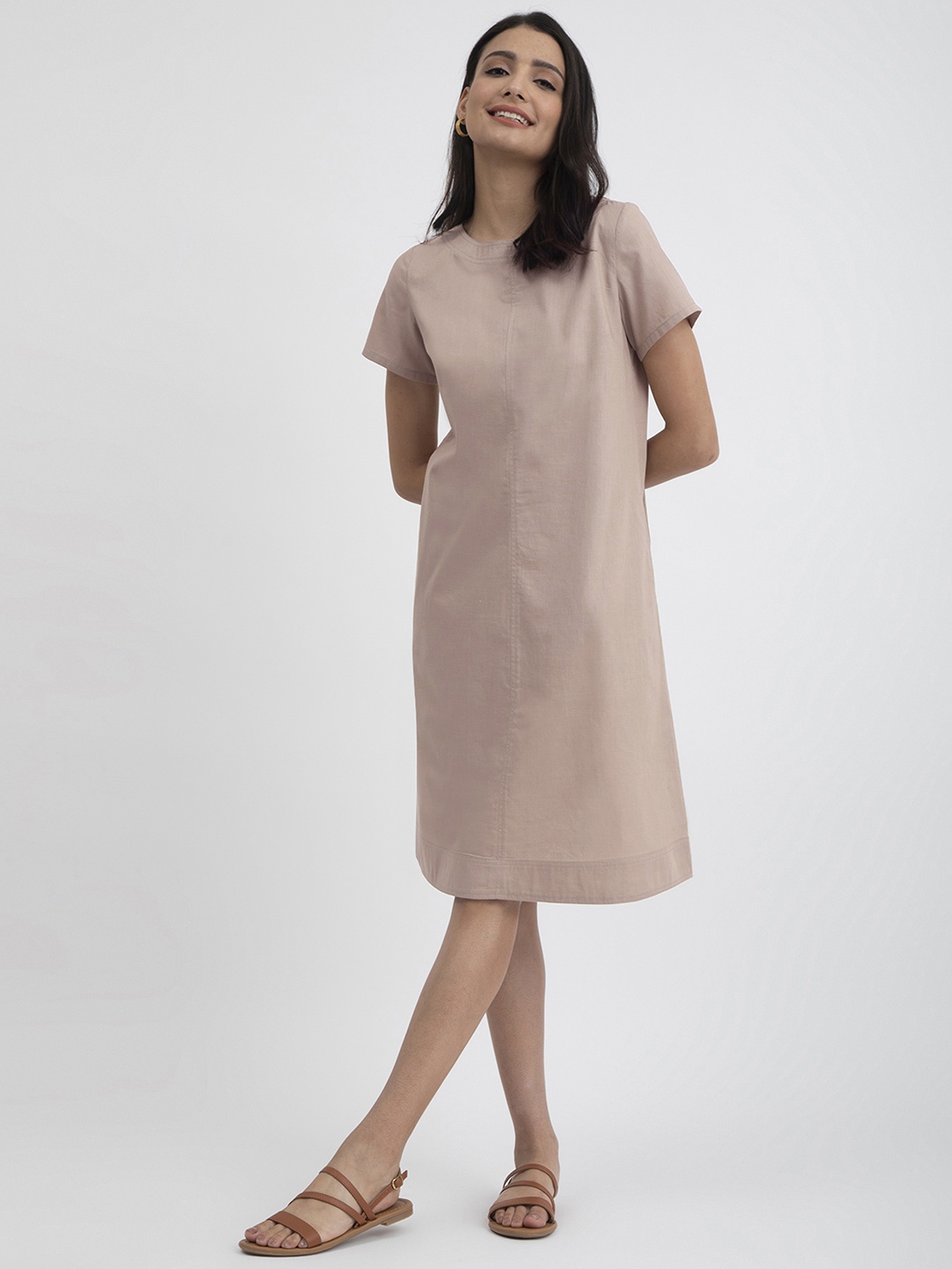 

Pink Fort Round Neck Cotton A-line Dress, Beige