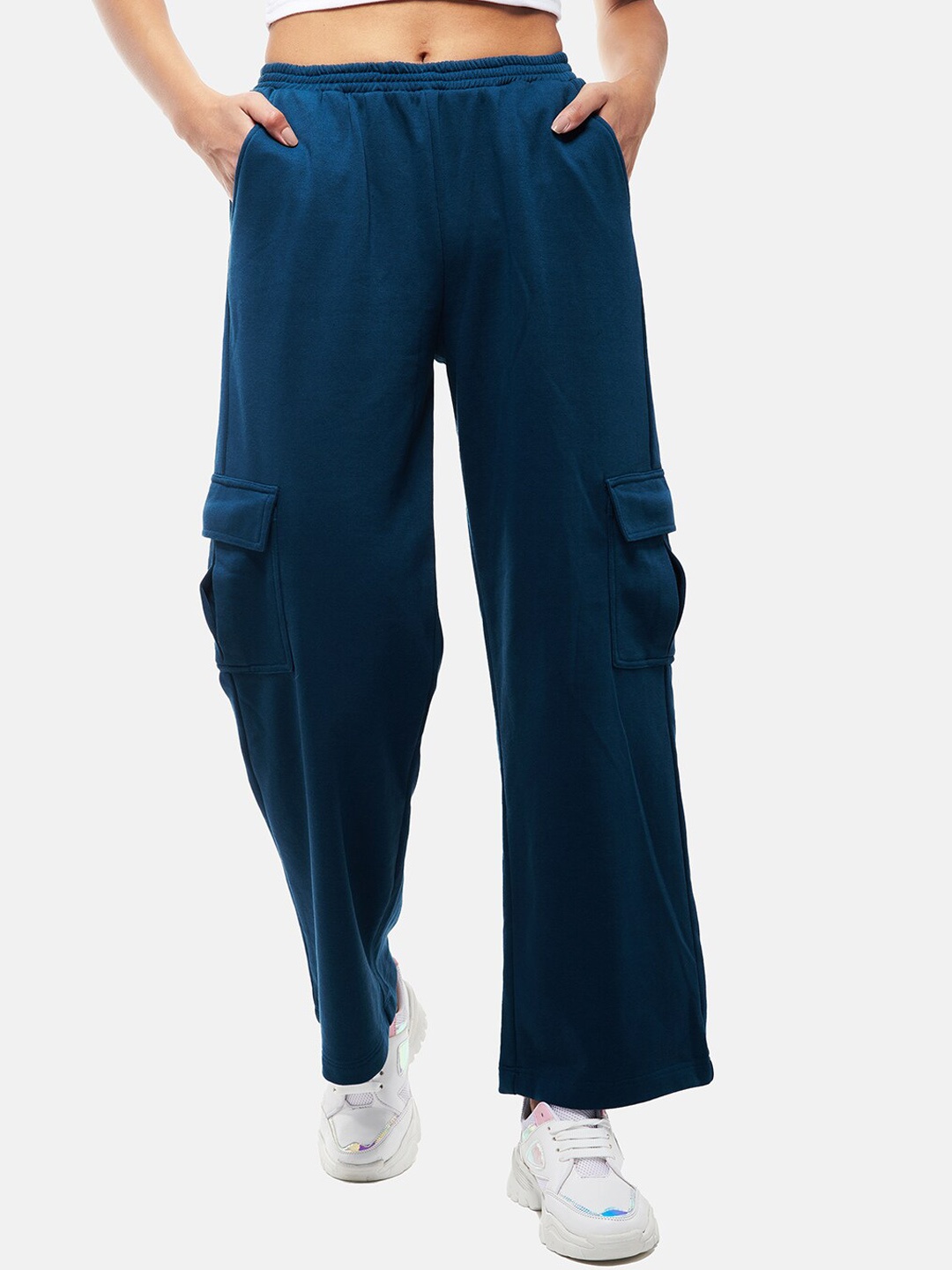 

IZF Women Loose Fit Cotton Parallel Trousers, Blue