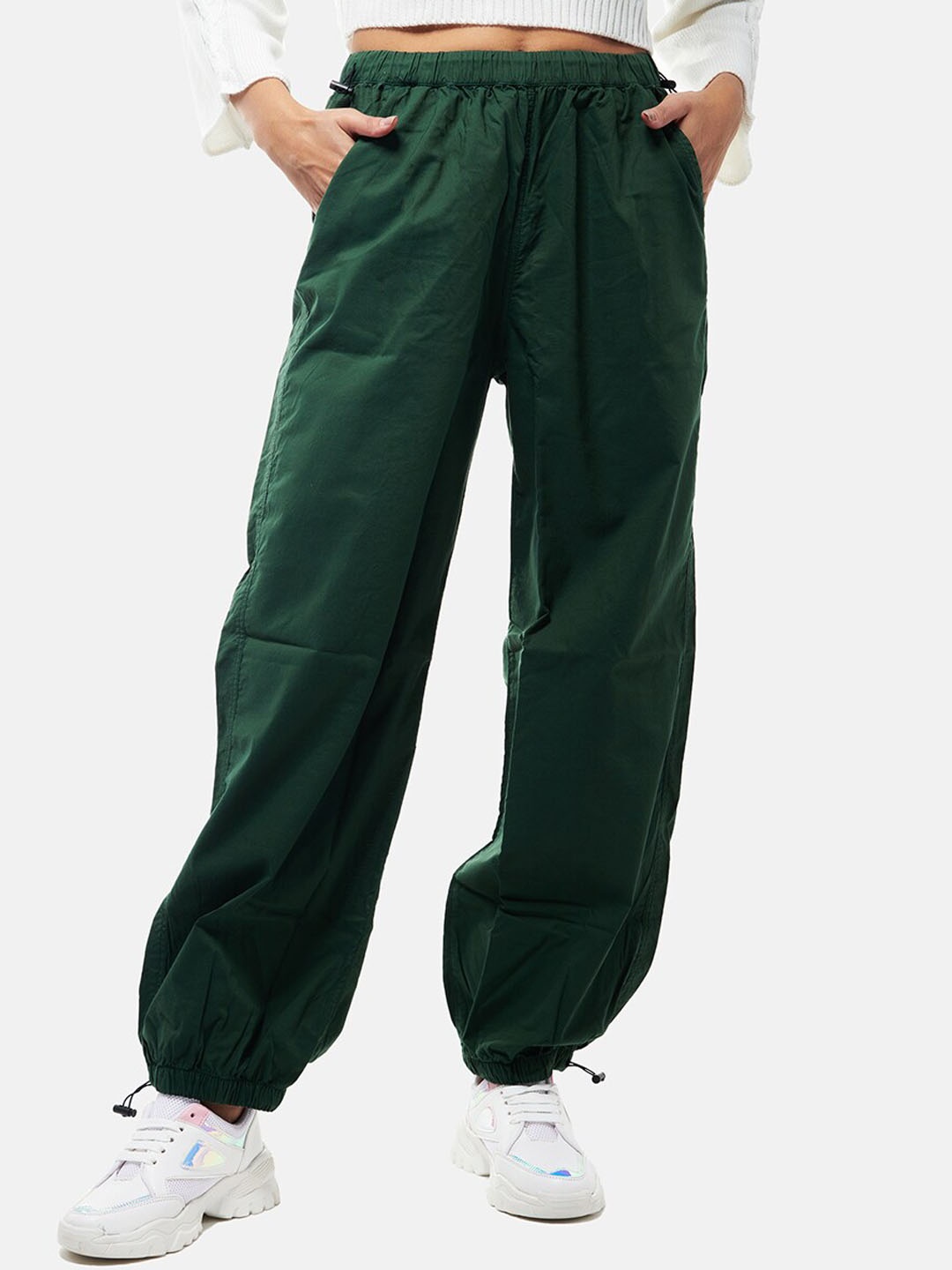 

IZF Women High-Rise Cotton Oversized Parachute Trousers, Green