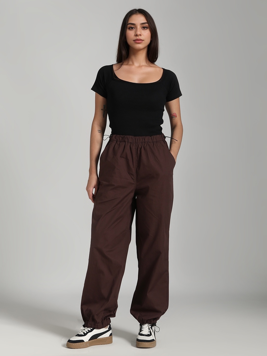 

IZF Women Oversized High Rise Cotton Parachute Trousers, Brown
