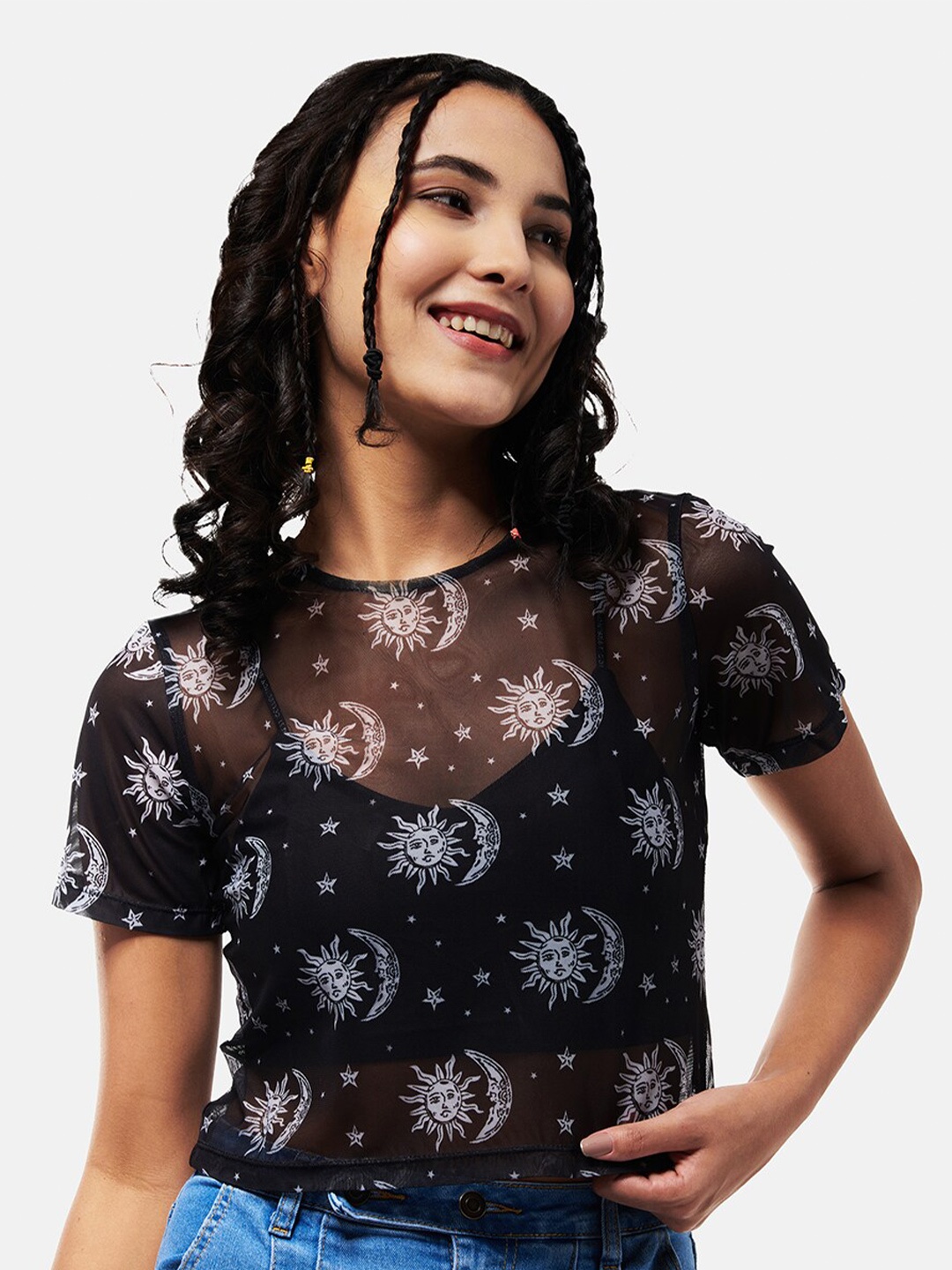 

IZF Conversational Printed Sheer Net Regular Top, Black