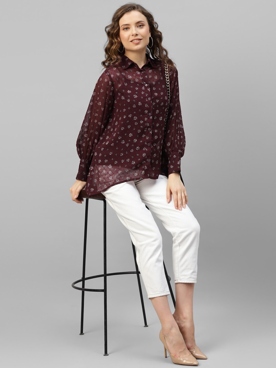 

DEEBACO Premium Boxy Fit Floral Printed Cuff Sleeves High-Low Hem Opaque Casual Shirt, Maroon