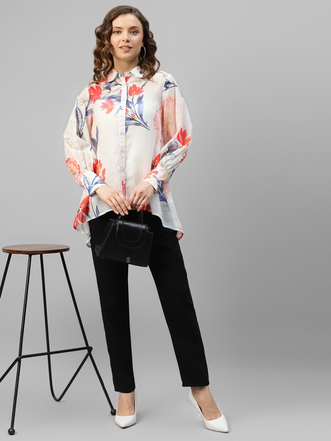 

DEEBACO Premium Boxy Fit Floral Printed Cuff Sleeves High-Low Hem Opaque Casual Shirt, White