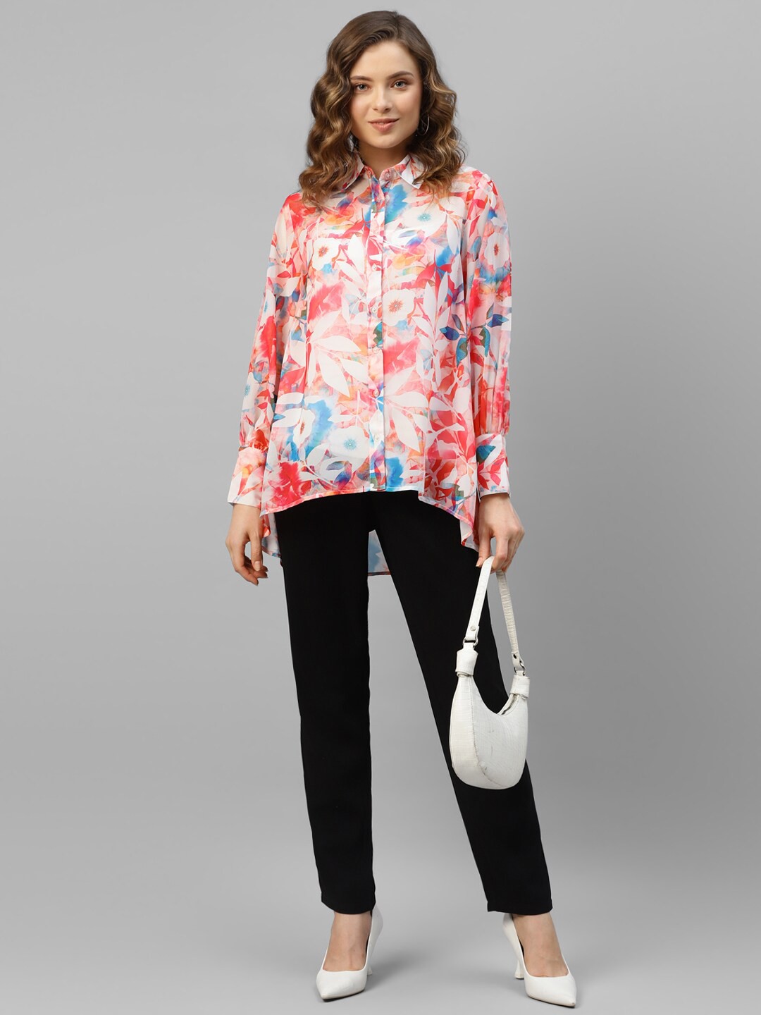 

DEEBACO Premium Boxy Fit Floral Printed Cuff Sleeves High-Low Hem Opaque Casual Shirt, Red