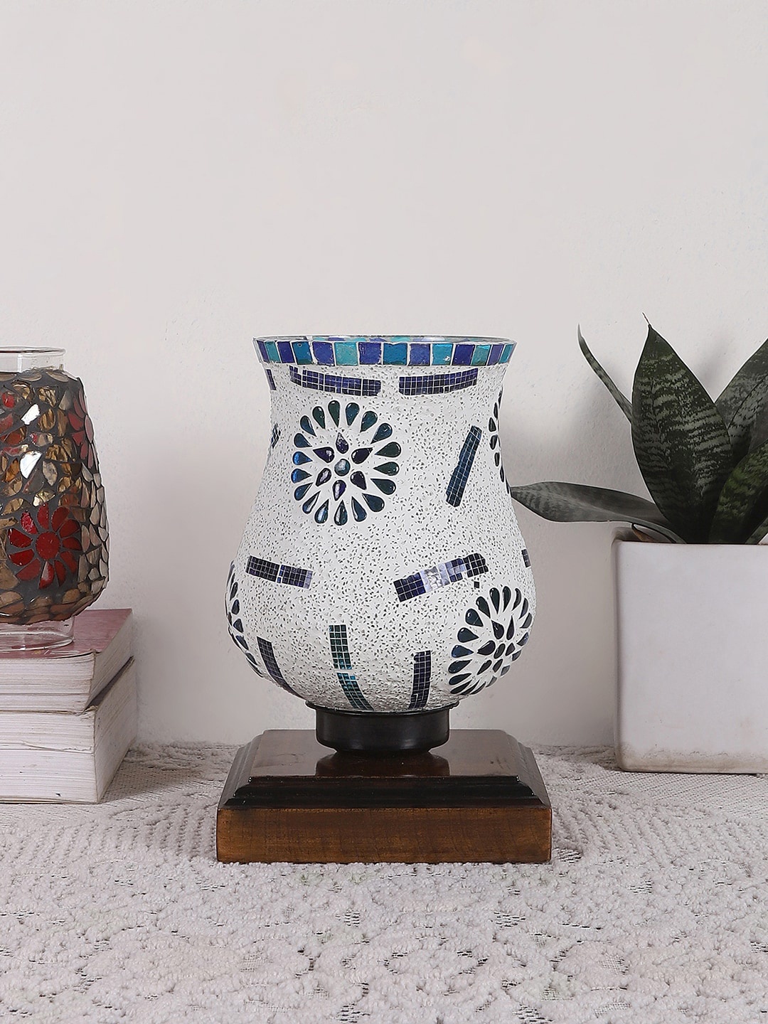 

Devansh White & Blue Printed Wooden Square Table Lamp With Mosaic Glass