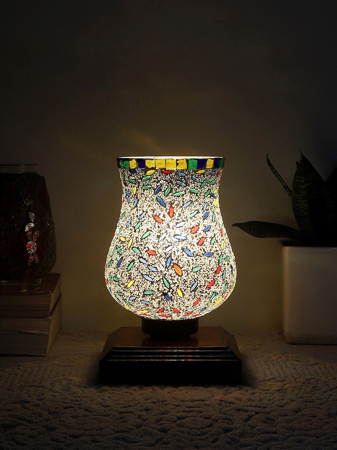 

Devansh White & Red Printed Wooden Square Table Lamp With Mosaic Glass