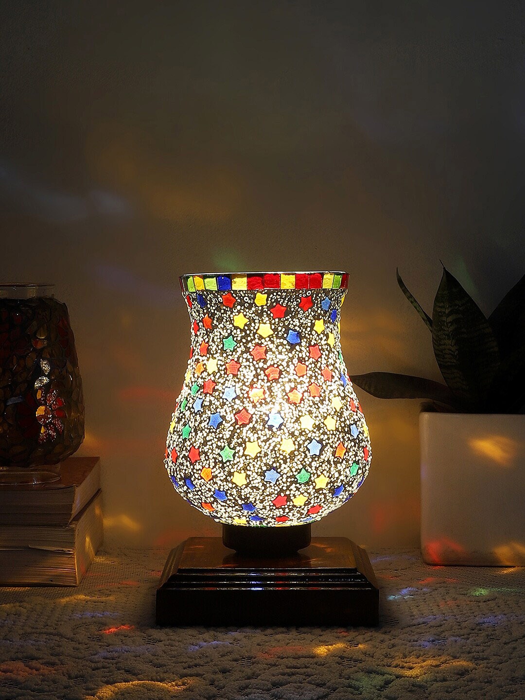 

Devansh White & Red Printed Wooden Square Table Lamp With Mosaic Glass