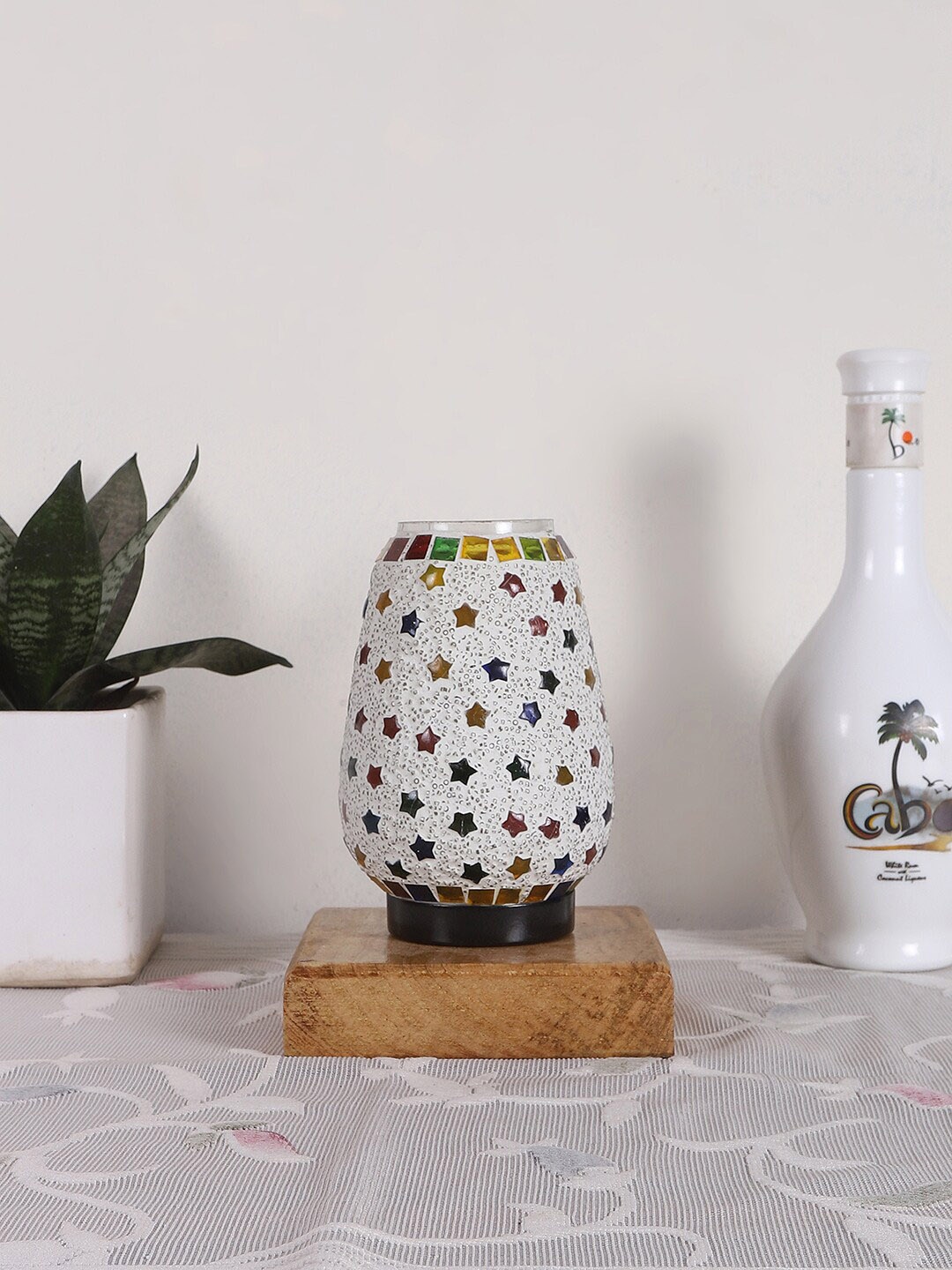 

Devansh White & Red Printed Wooden Square Table Lamp With Mosaic Glass