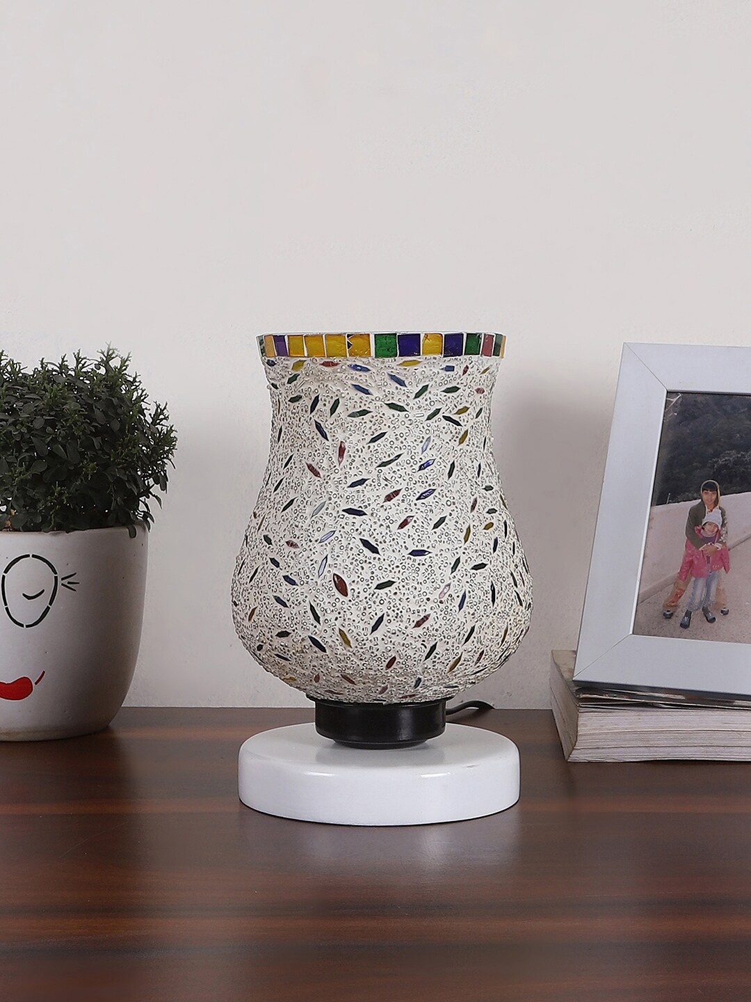 

Devansh White & Red Printed Wooden Round Table Lamp With Mosaic Glass