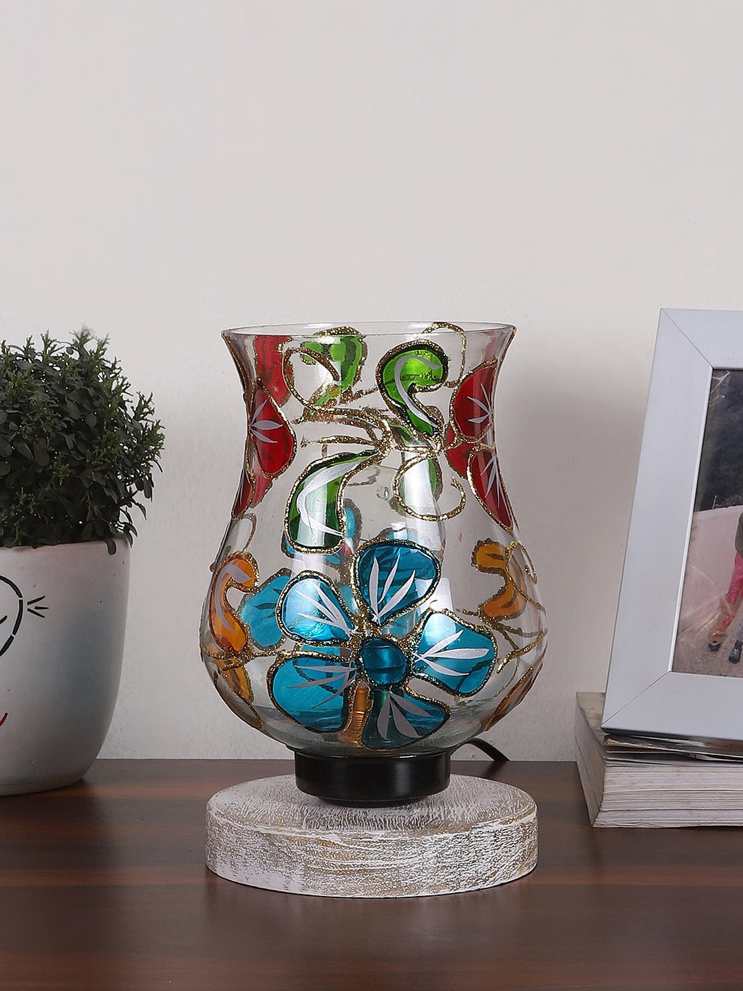 

Devansh White & Blue Printed Wooden Round Table Lamp With Mosaic Glass