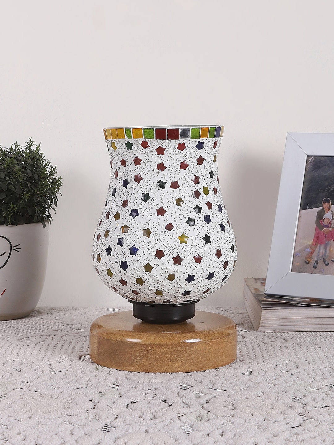 

Devansh White & Red Printed Wooden Round Table Lamp With Mosaic Glass
