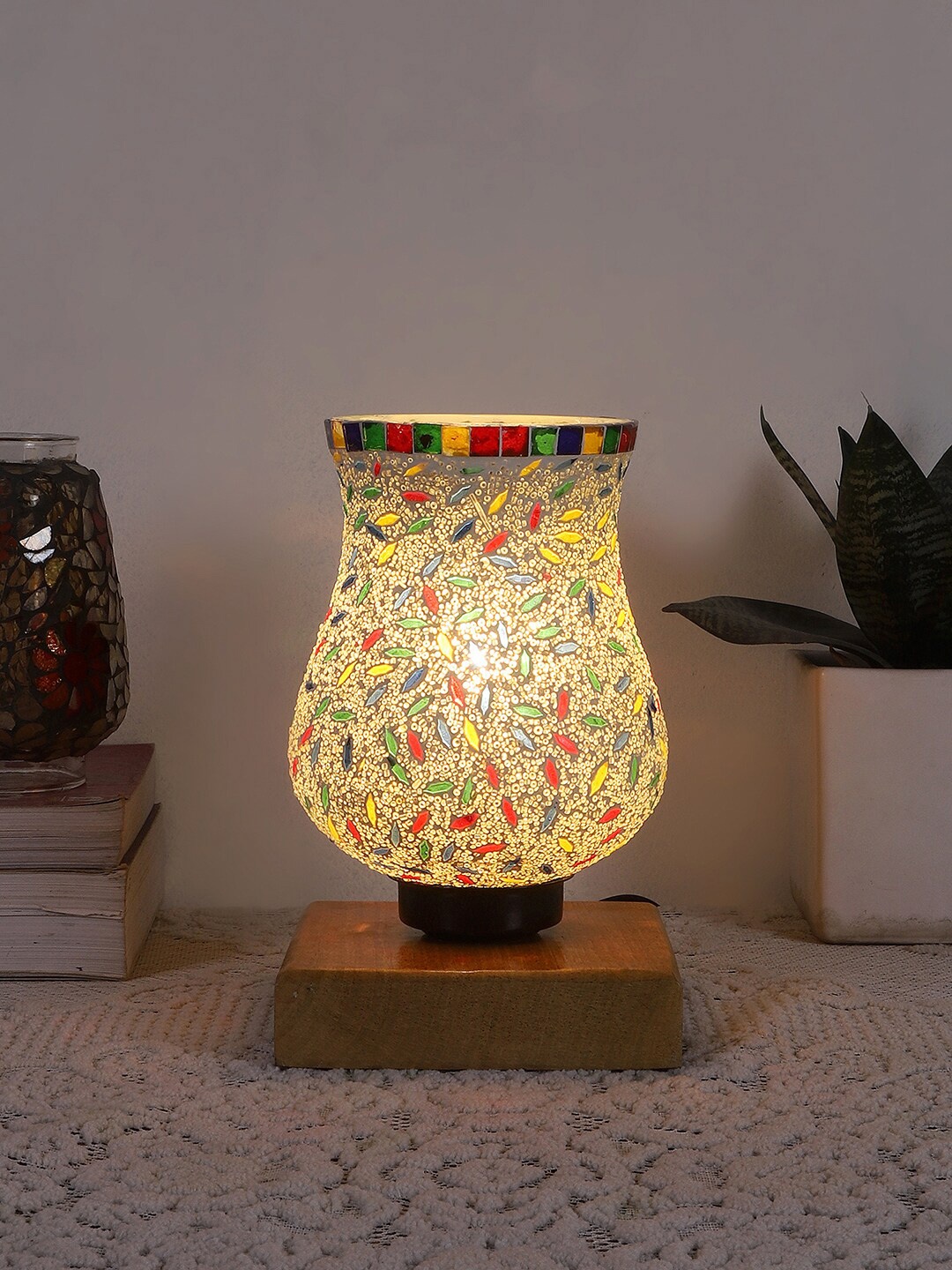

Devansh White & Red Printed Wooden Square Table Lamp With Mosaic Glass