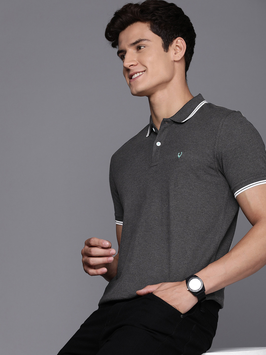 

Allen Solly Men Polo Collar Pure Cotton T-shirt, Charcoal