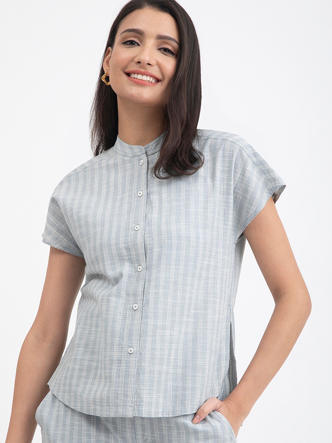 

Pink Fort Checked Mandarin Collar Extended Sleeves Cotton Shirt Style Top, Blue