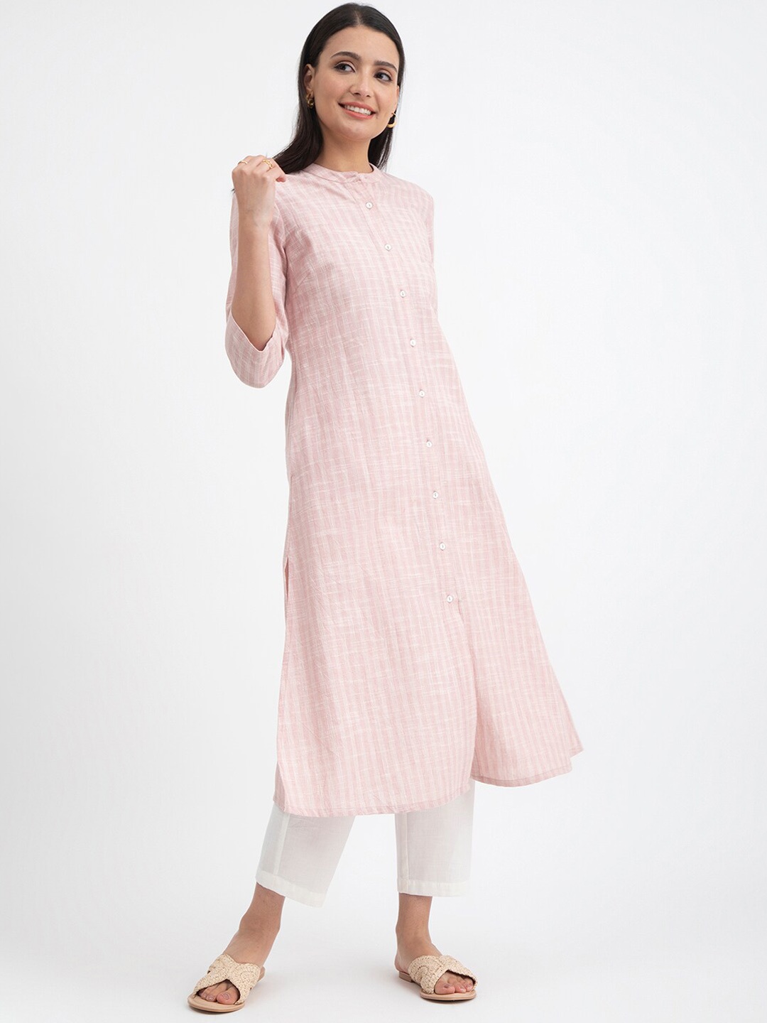 

Pink Fort Striped Band Collar Pure Cotton A-line Kurta