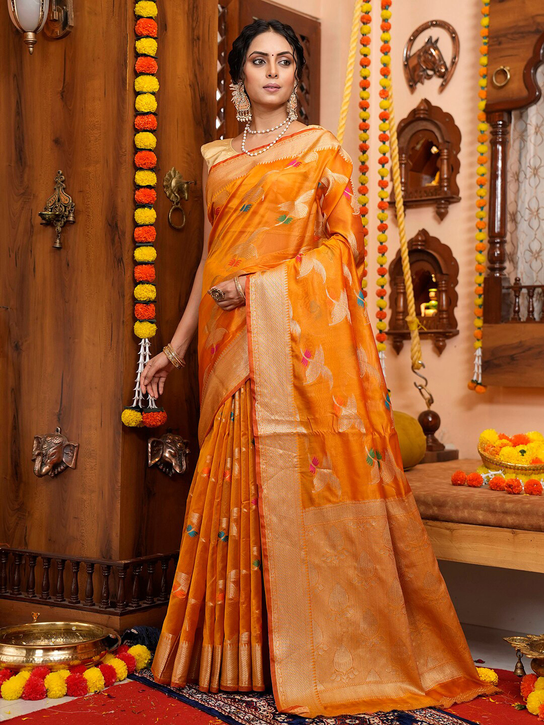 

Mitera Ethnic Motif Tissue Zari Saree With Blouse Piece, Orange