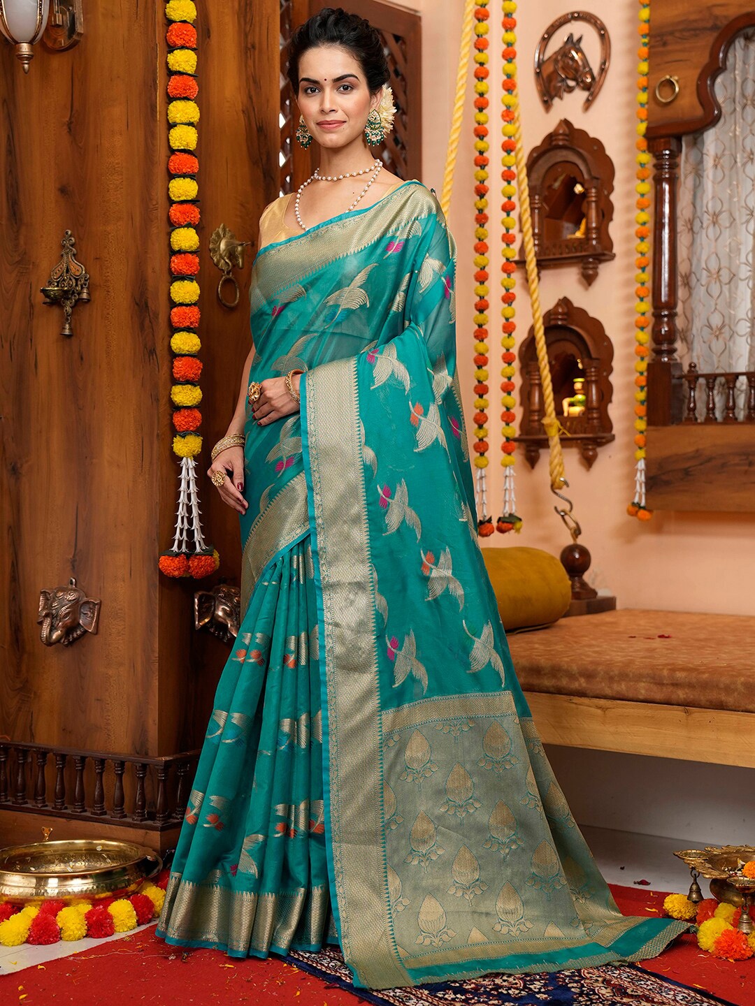 

Mitera Ethnic Motif Tissue Zari Saree With Blouse Piece, Teal