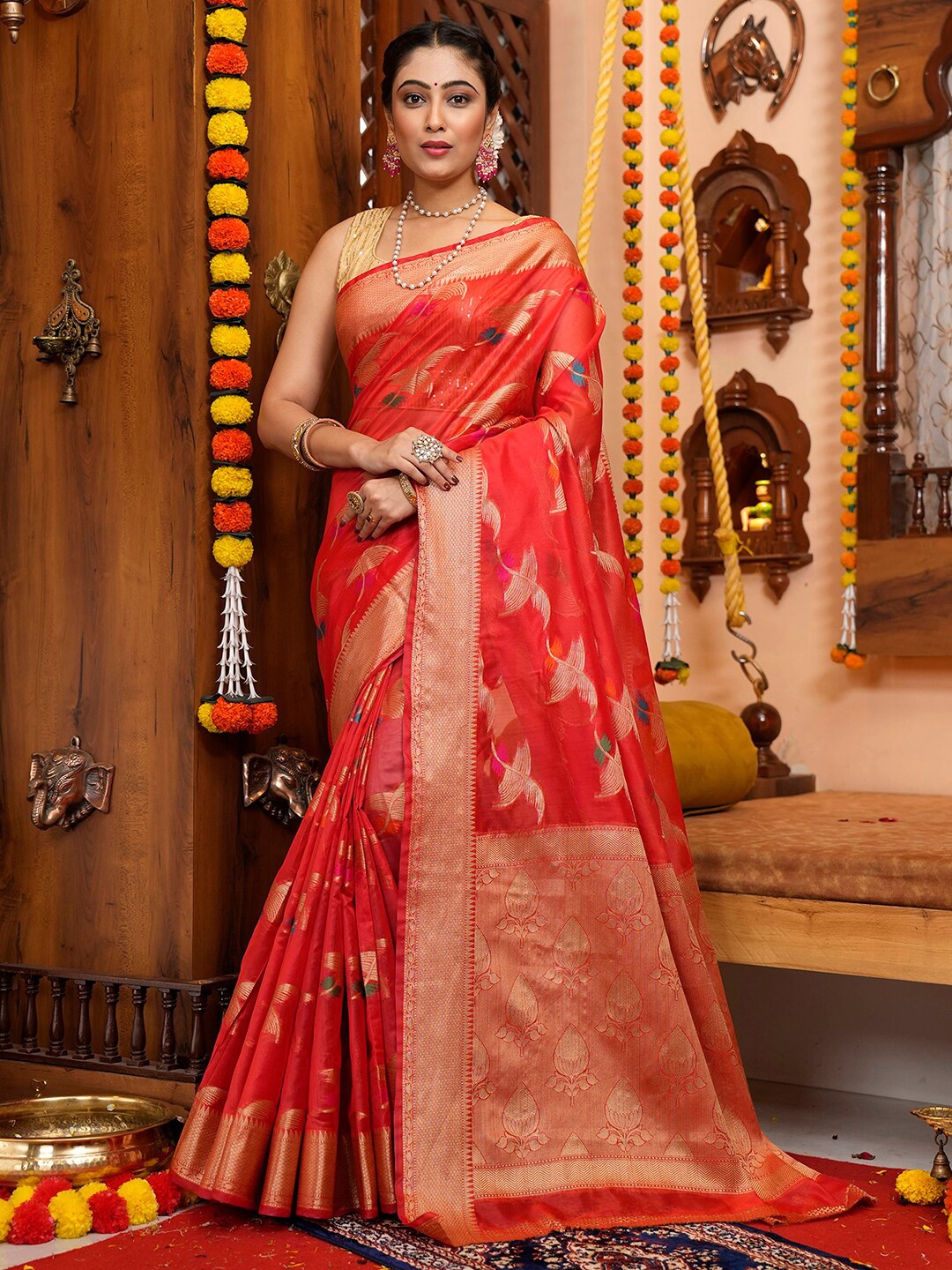 

Mitera Ethnic Motif Tissue Zari Saree With Blouse Piece, Red