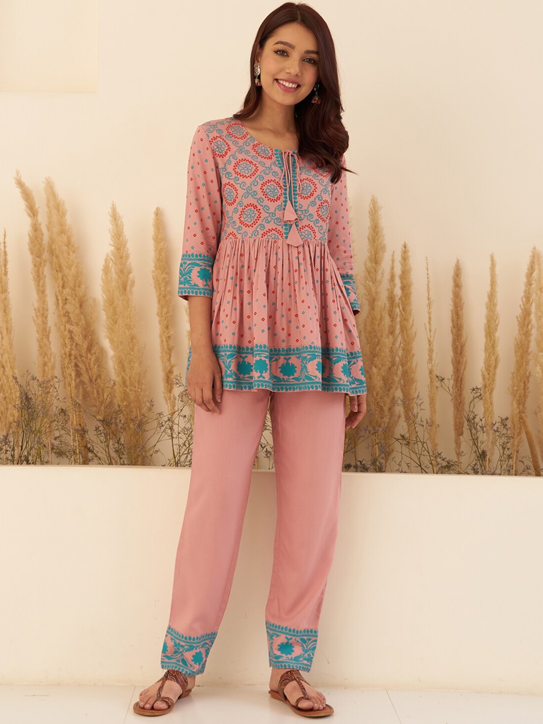 

Rustorange Bandhani Printed Top With Salwar, Pink