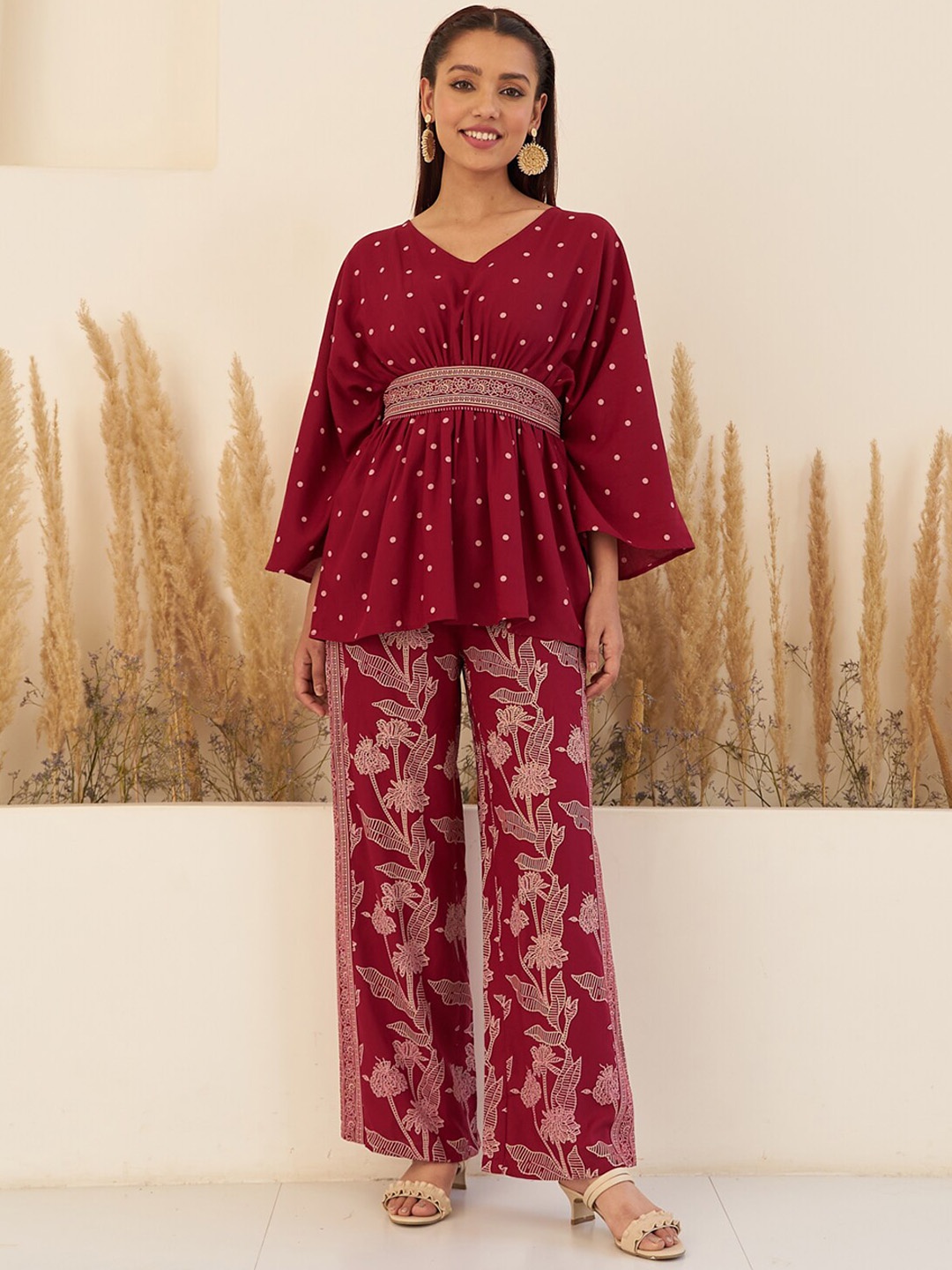 

Rustorange Geometric Printed Empire Top With Trousers & Belt, Maroon