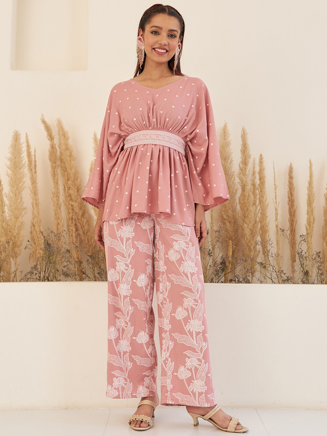 

Rustorange Printed Kaftan Co-Ords With Belt, Pink