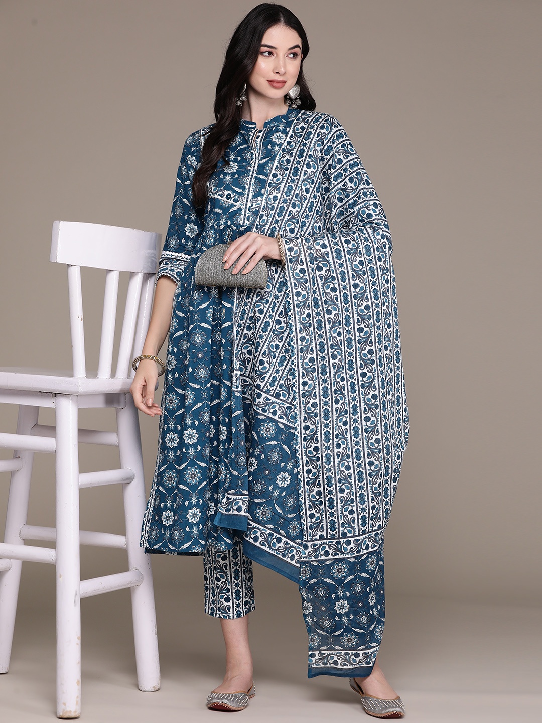 

Anubhutee Floral Printed Regular Sequinned Pure Cotton Kurta with Trousers & With Dupatta, Teal